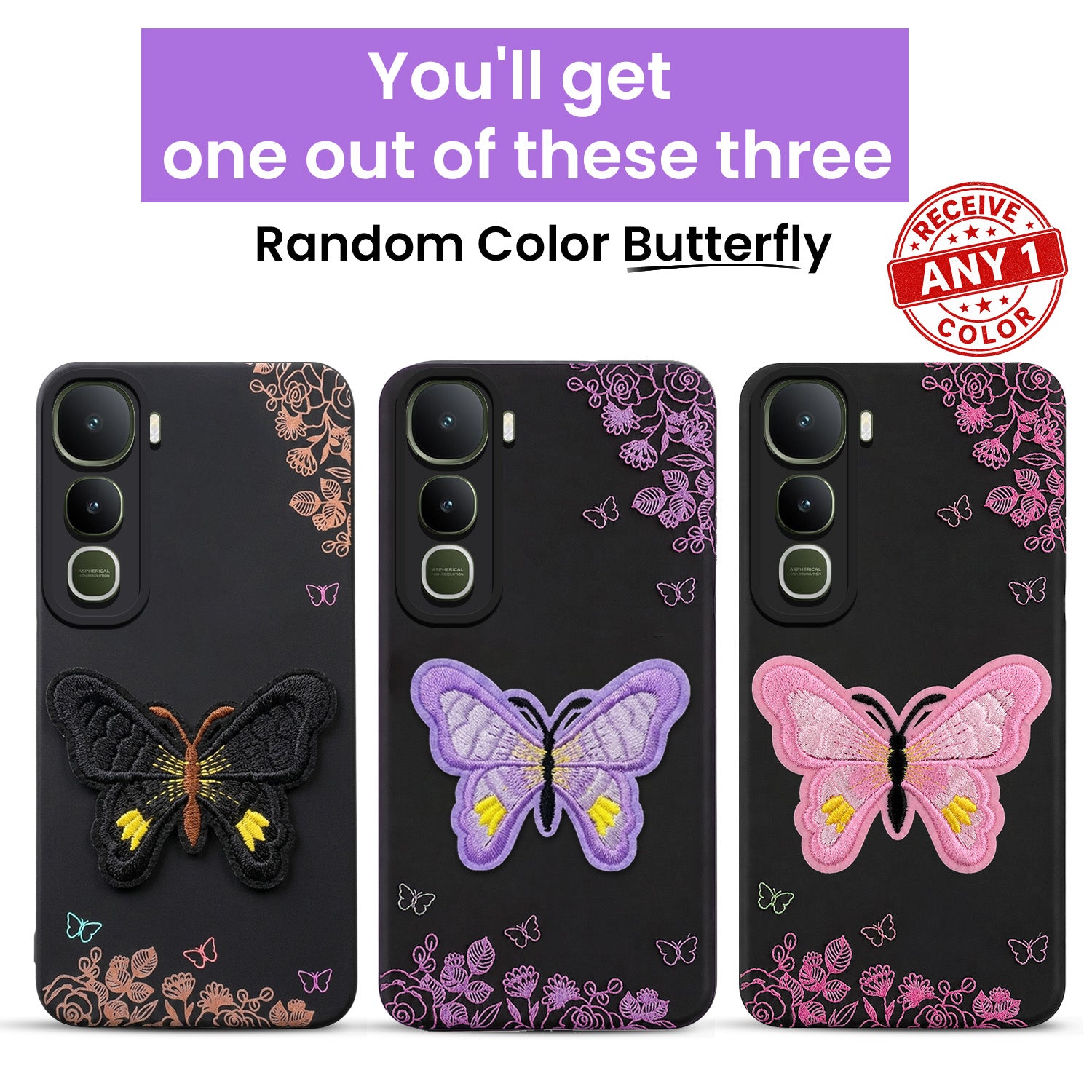 For Vivo Y400 Back Cover Case (Soft Butterfly Embroidery | Women Teen Girls | Camera Protection| Matte Silicone)