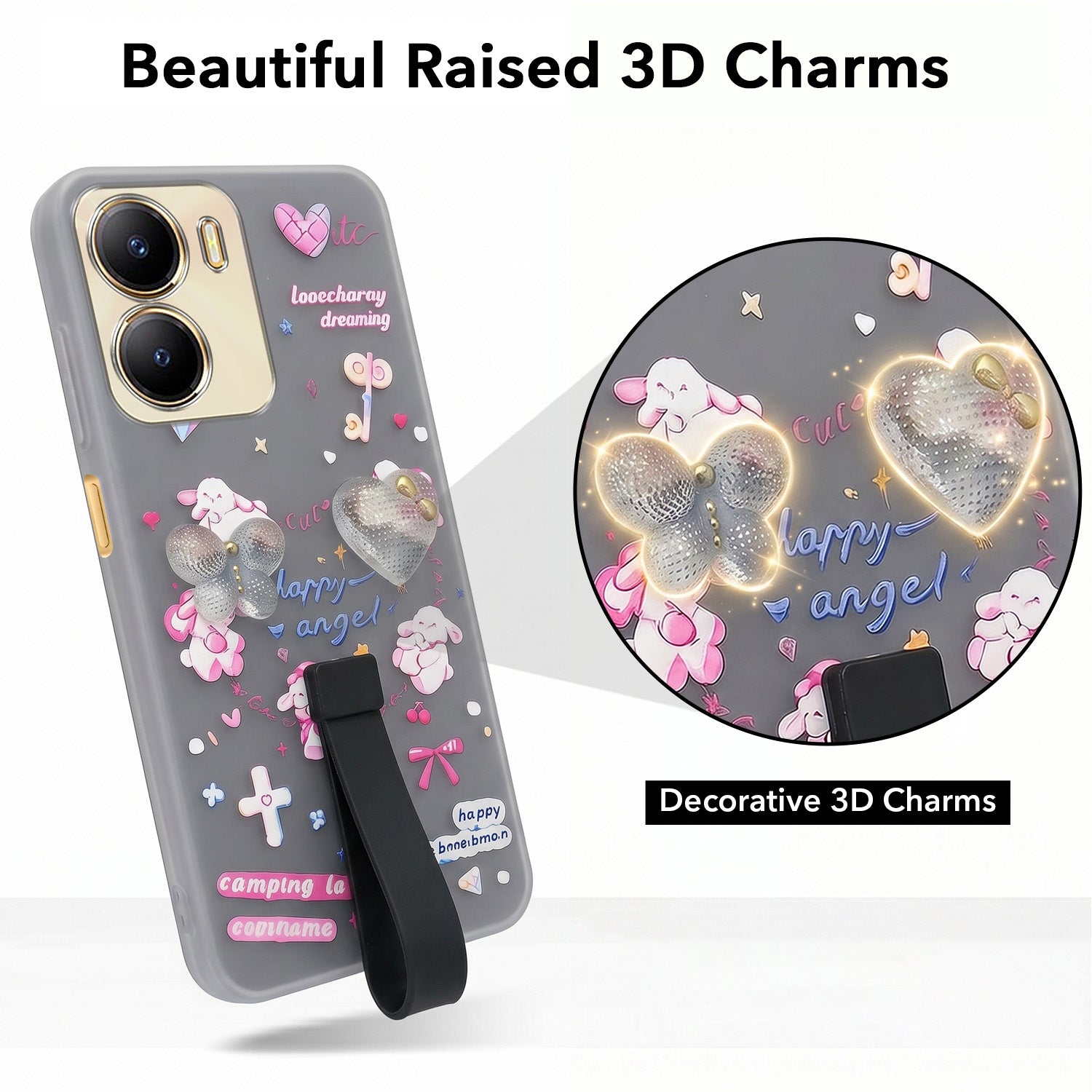 For Vivo Y56 5G Back Cover Case (3D Cute Heart Strap Holder | Camera Protection | Designer Girls Print)