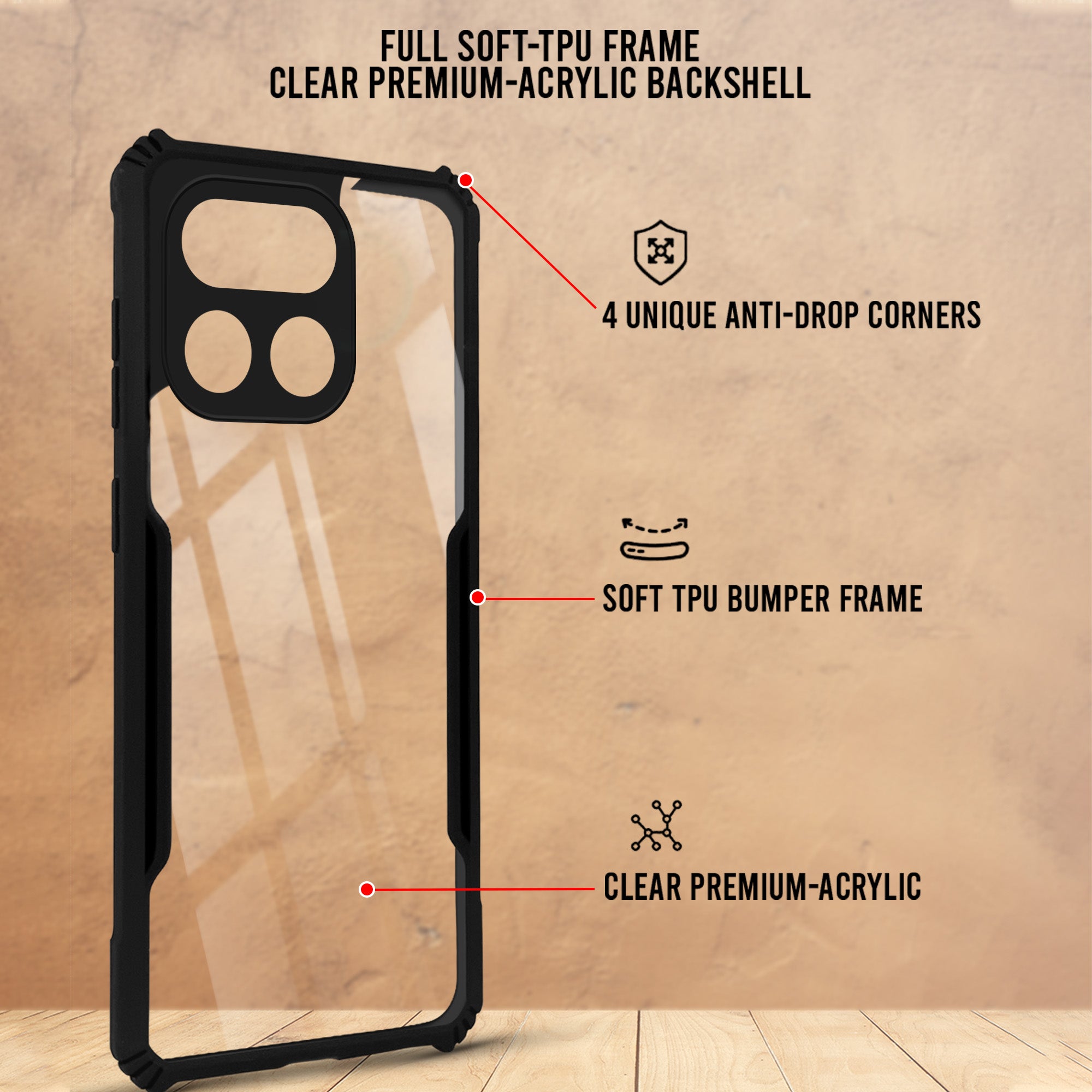 For Realme 16 Pro Hybrid Back Cover Case (Shockproof with Polycarbonate Clear Panel | Professional Black)