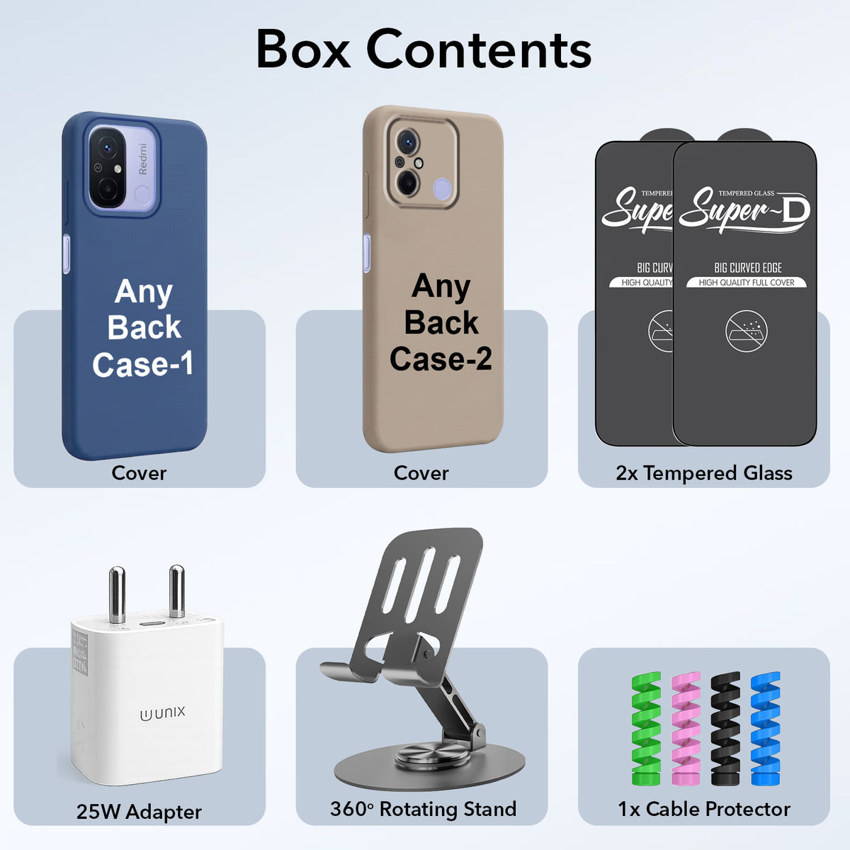 Complete Mobile Care Kit (Get Any 2 Cases+2 Tempered Glass+25W Charger Adapter+Metallic Mobile Stand+Cable Protector)