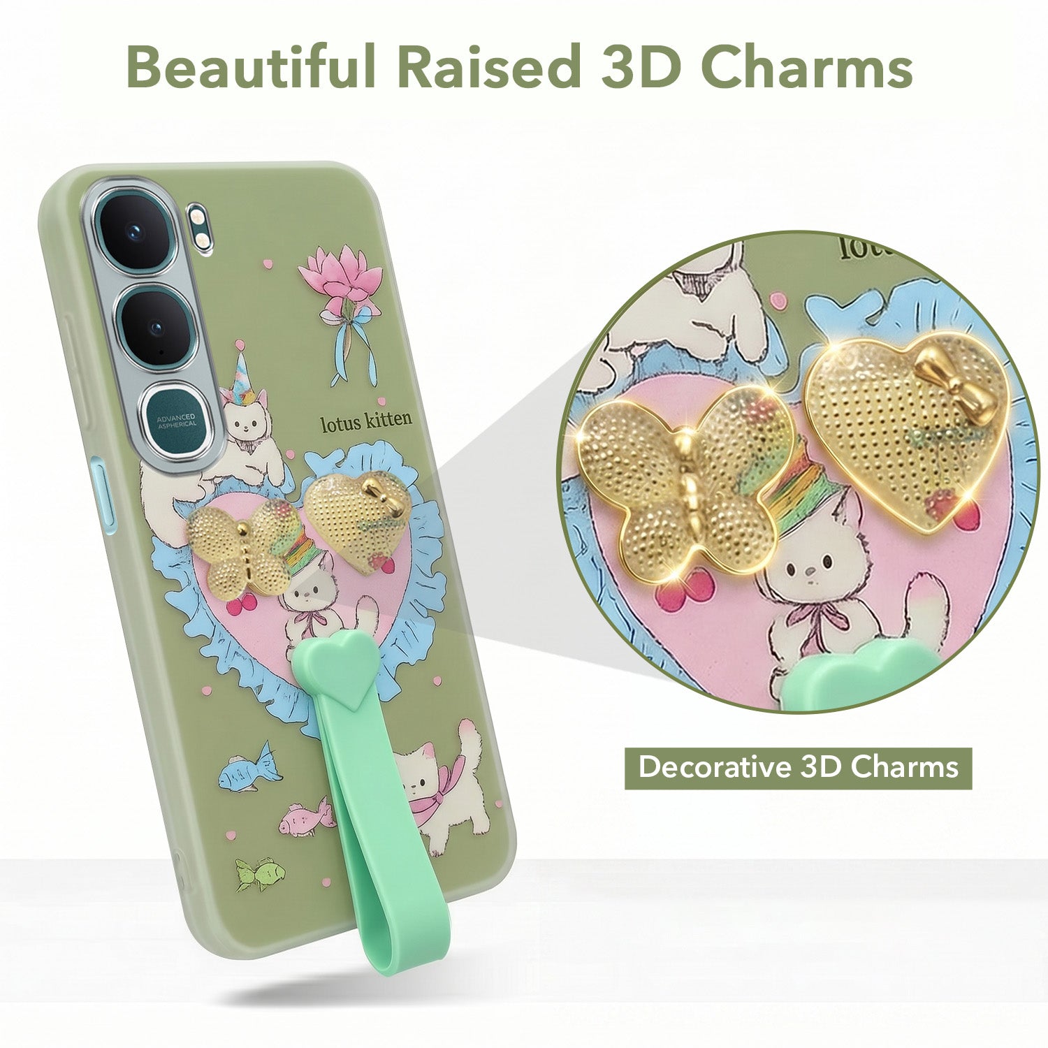 For Vivo Y31 5G Back Cover Case (3D Cute Heart Strap Holder | Camera Protection | Designer Girls Print)
