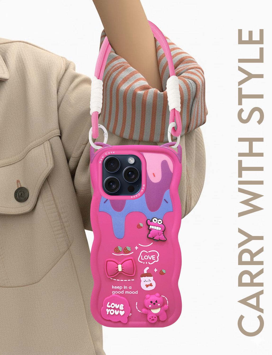 For Apple iPhone 15 Pro Back Case Cover Strap(3D Embossed Figures | Strap Holder | 360* Soft Cushion with Camera Bump)