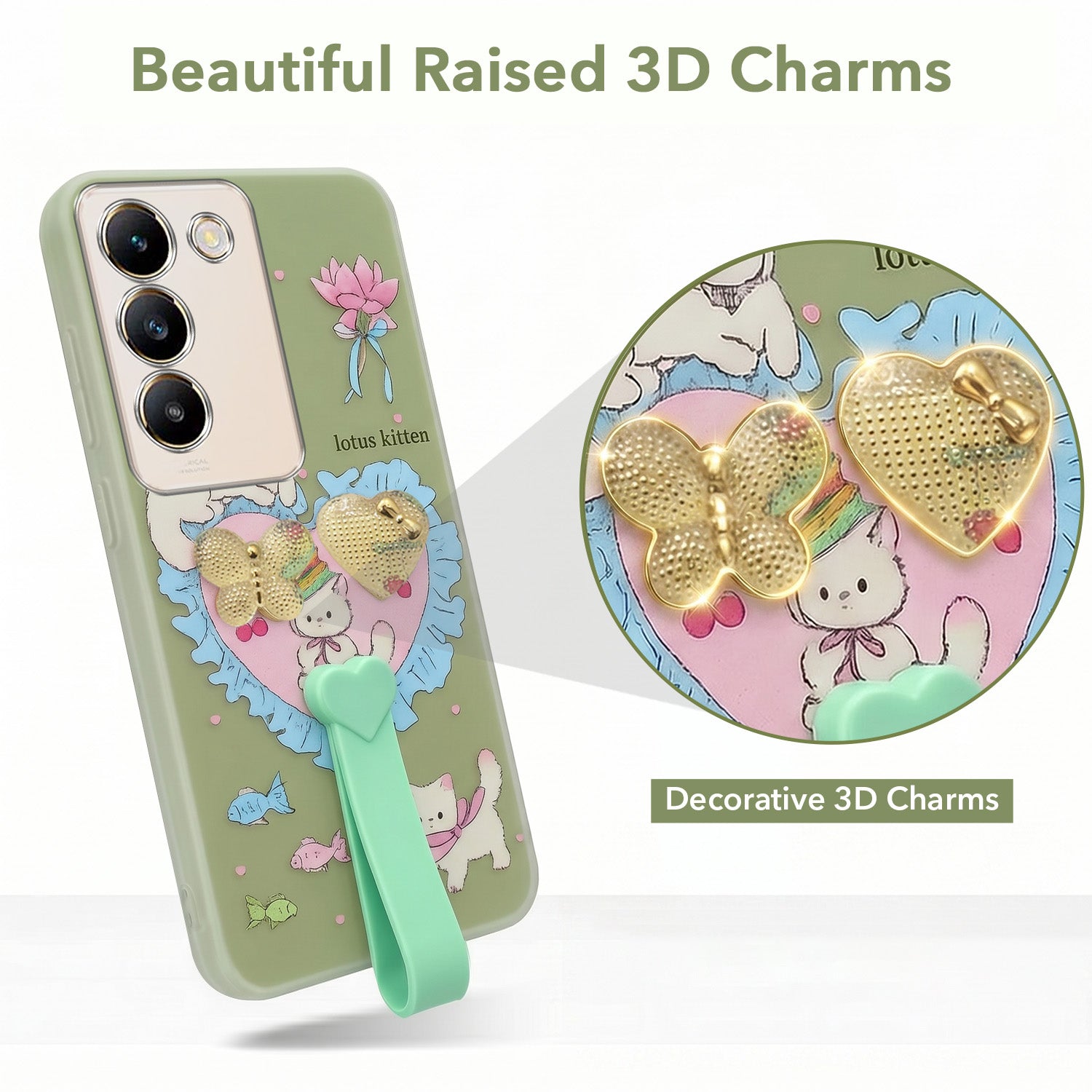 For Vivo Y200e Back Cover Case (3D Cute Heart Strap Holder | Camera Protection | Designer Girls Print)