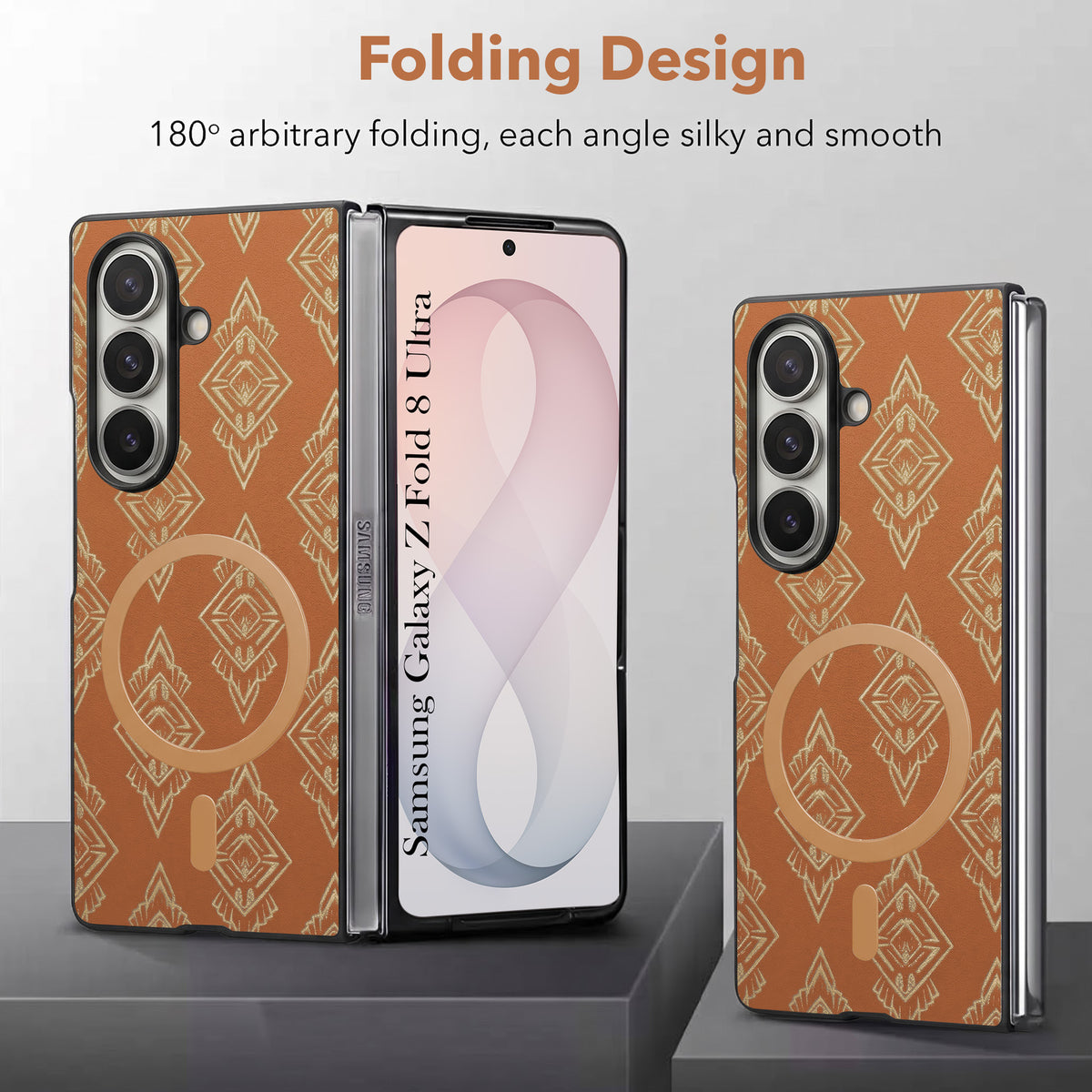 For Samsung Galaxy Z Fold 8 Ultra Back Cover Case Premium Magnetic (MagSafe Compatible | 180° Folding Design | Geometric Gold Pattern | Soft Microfiber Inner Lining)