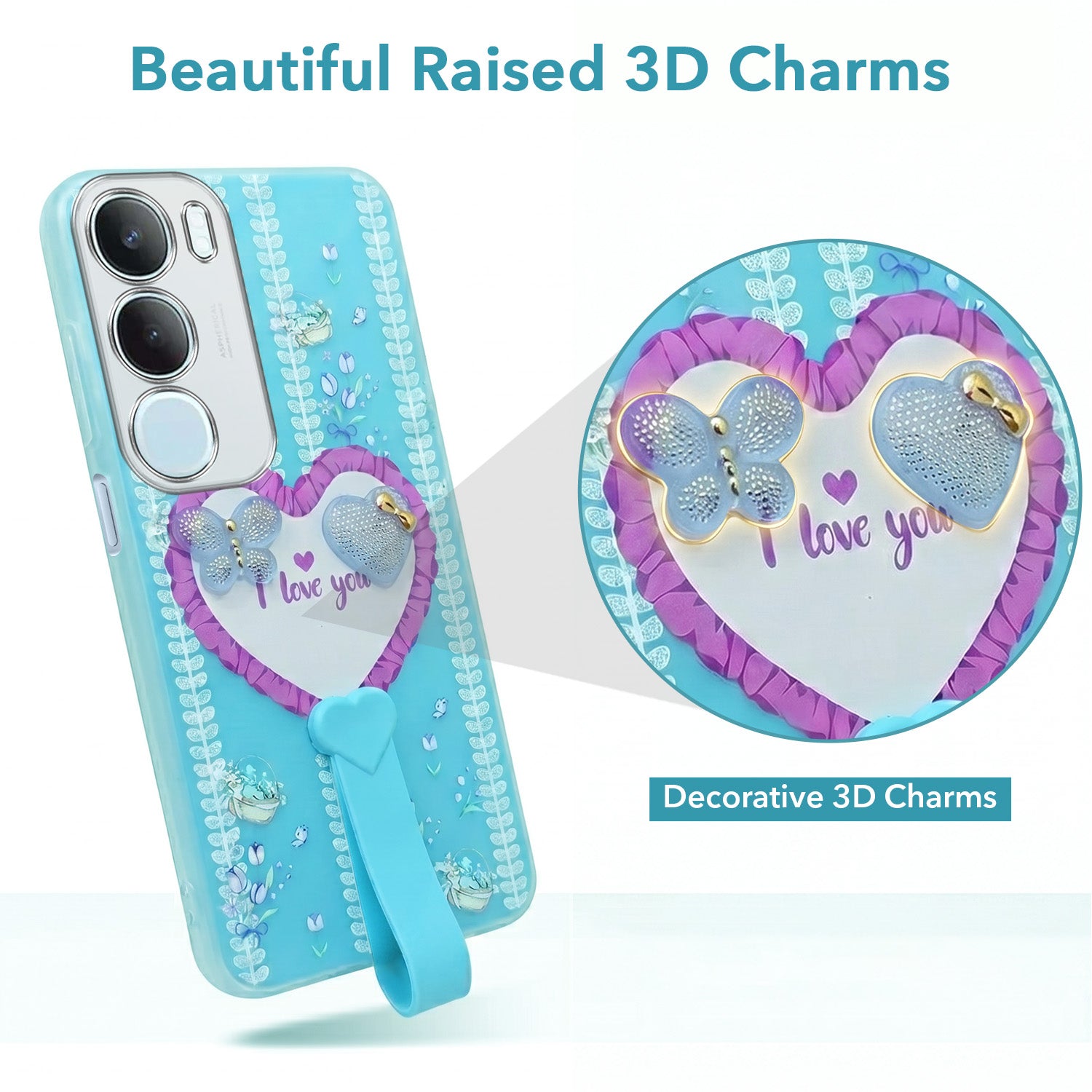 For Vivo Y29 Back Cover Case (3D Cute Heart Strap Holder | Camera Protection | Designer Girls Print)