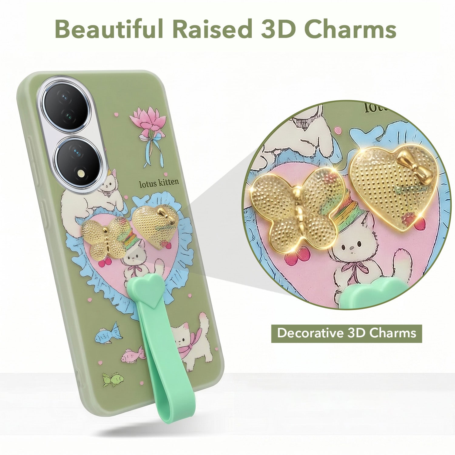 For Vivo Y100 Back Cover Case (3D Cute Heart Strap Holder | Camera Protection | Designer Girls Print)