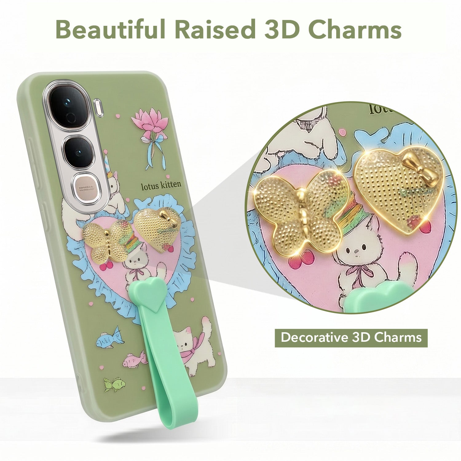 For Vivo Y400 Pro Back Cover Case (3D Cute Heart Strap Holder | Camera Protection | Designer Girls Print)