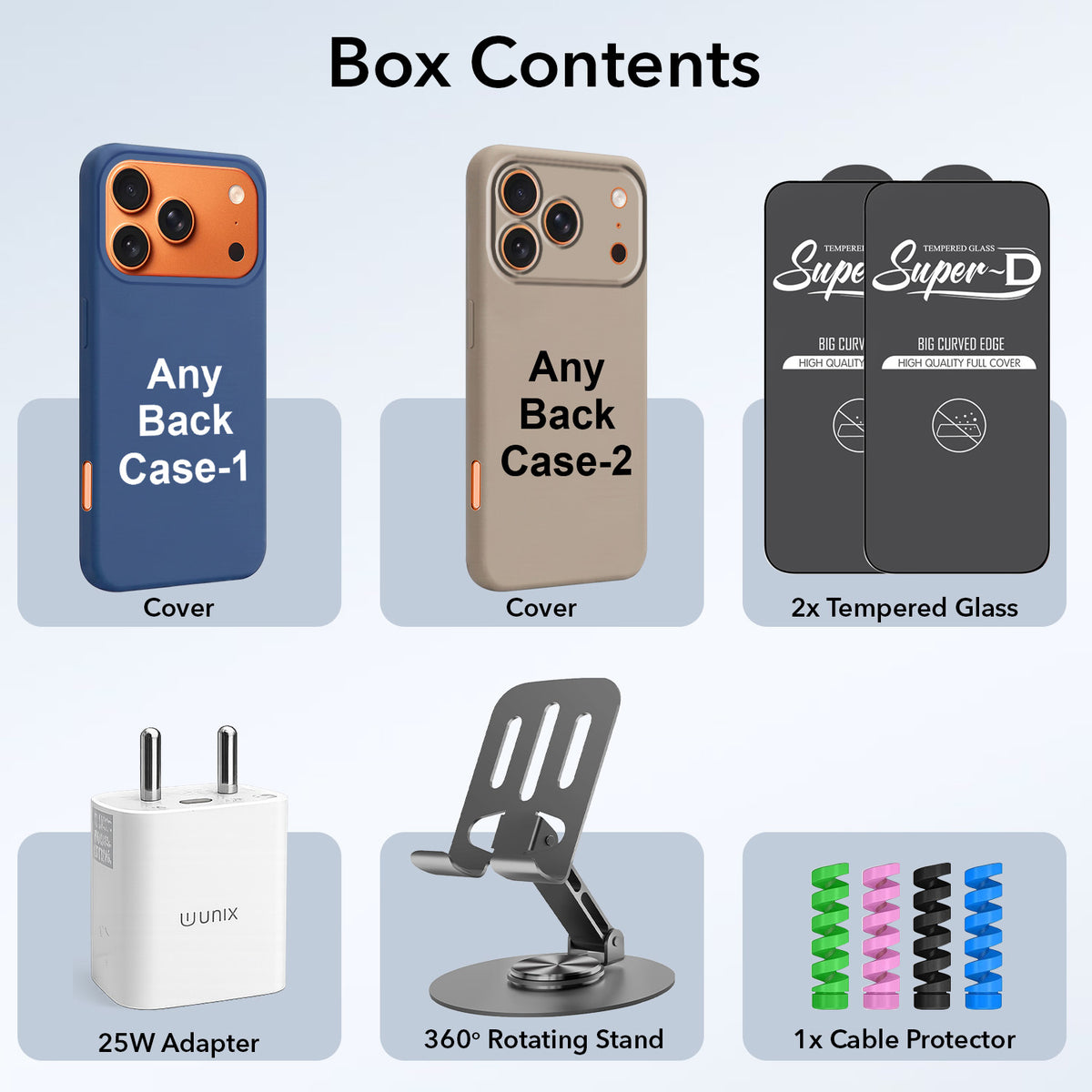 Complete Mobile Care Kit (Get Any 2 Cases+2 Tempered Glass+25W Charger Adapter+Metallic Mobile Stand+Cable Protector)