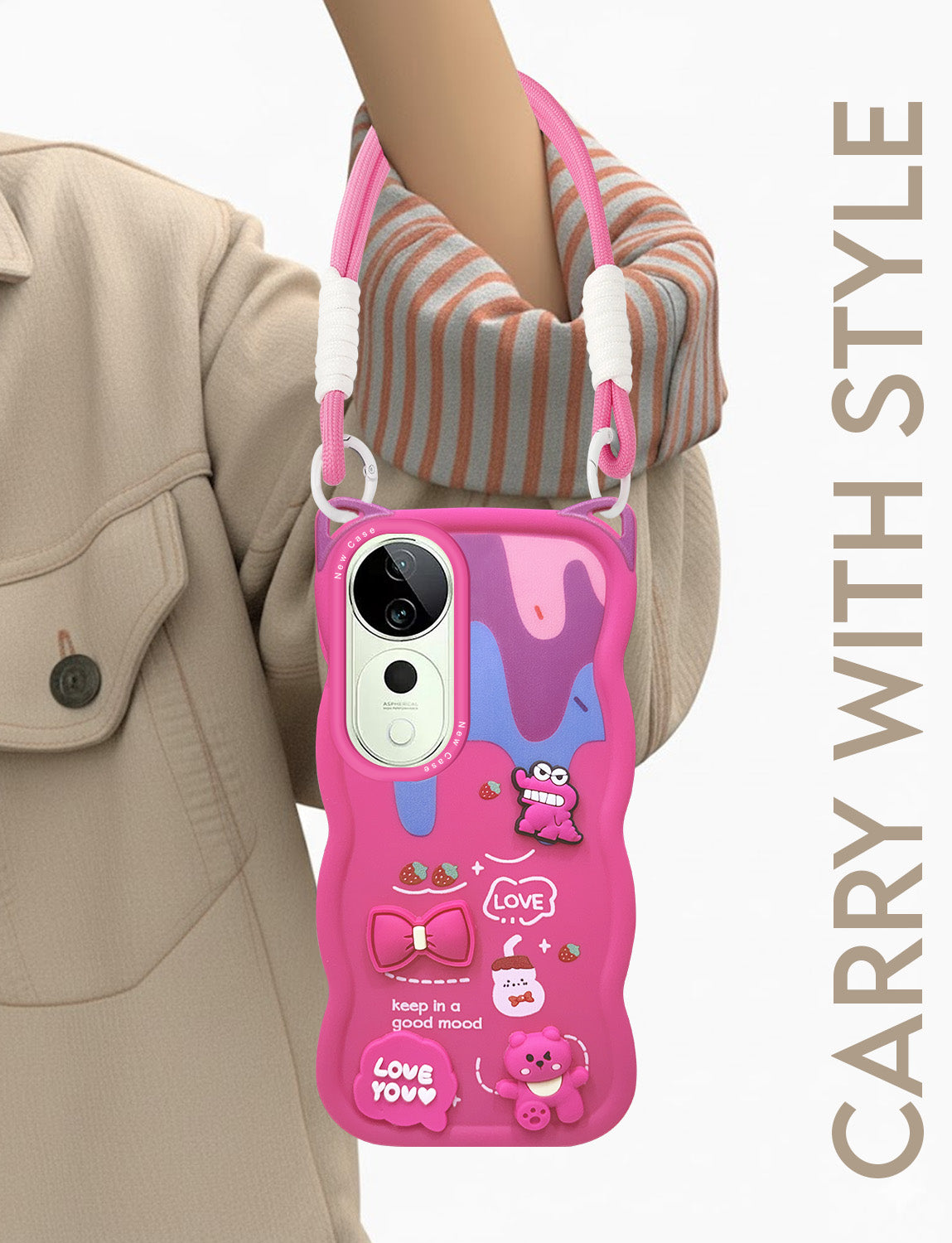 For Vivo T3 Ultra Back Case Cover Strap (3D embossed Figures | Strap Holder | 360* Soft Cushion with Camera Bump)