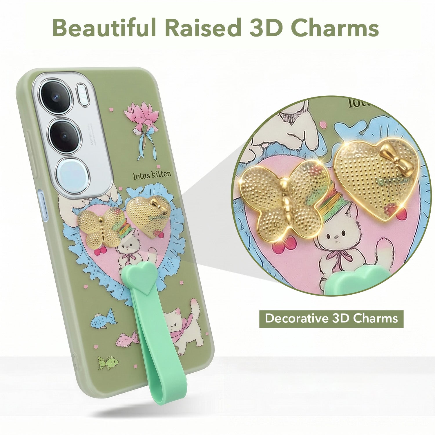 For Vivo Y29 Back Cover Case (3D Cute Heart Strap Holder | Camera Protection | Designer Girls Print)