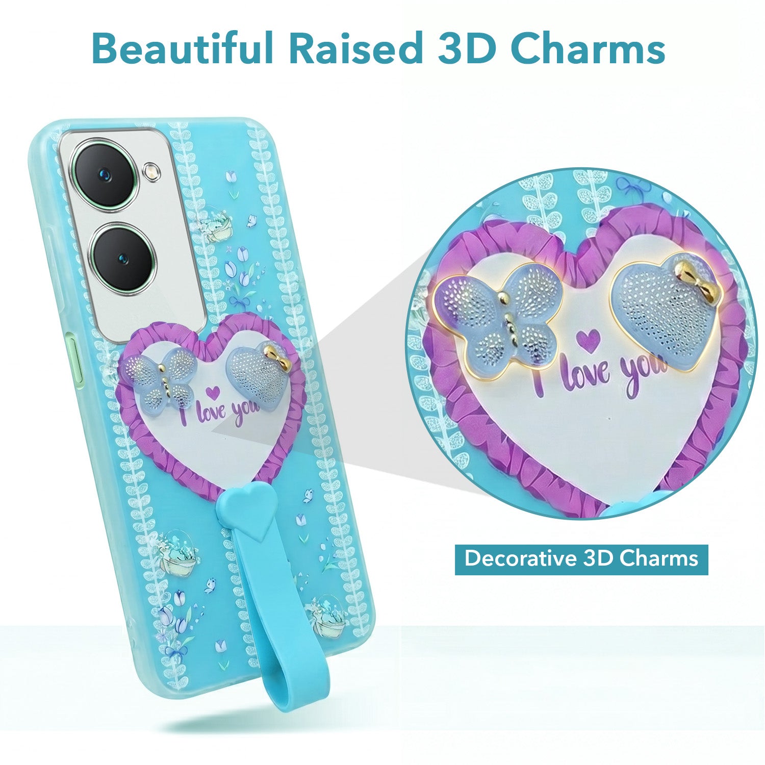For Vivo Y18 | Y18e | Y03 | Y18i | Y18t Back Cover Case (3D Cute Heart Strap Holder | Camera Protection | Designer Girls Print)