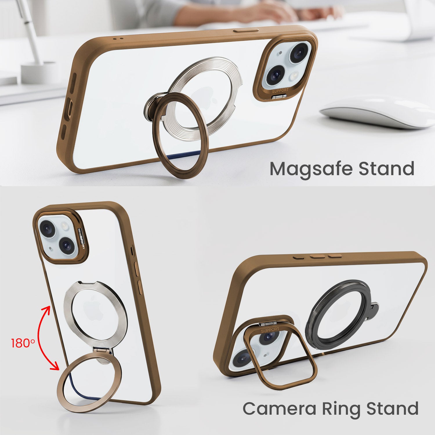 For Apple iPhone 15 Back Cover Case Crystal (Lifetime Anti Yellow | Magnetic Ring Stand | Camera Lens Protection | MagSafe Compatible)