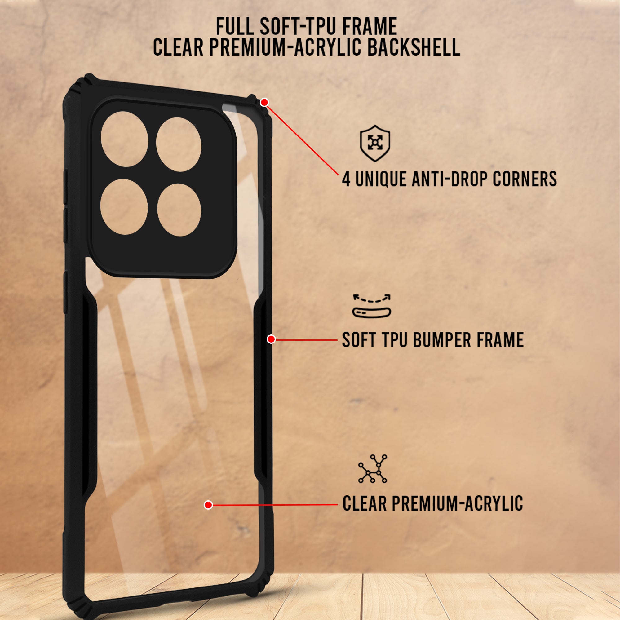 For Motorola Moto Edge 70 Pro Plus 5G Back Cover Case Hybrid (Shockproof with Polycarbonate Clear Panel | Professional Black)