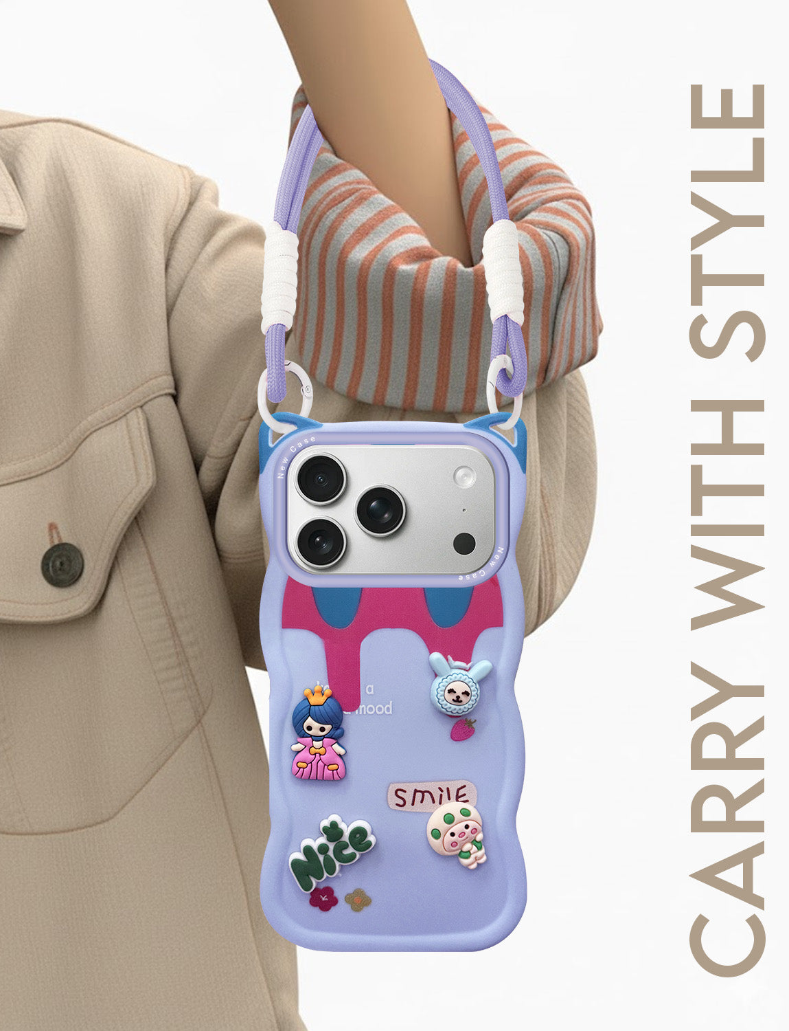 For Apple iPhone 18 Pro Back Case Cover Strap (3D Embossed Figures | Strap Holder | 360* Soft Cushion with Camera Bump)