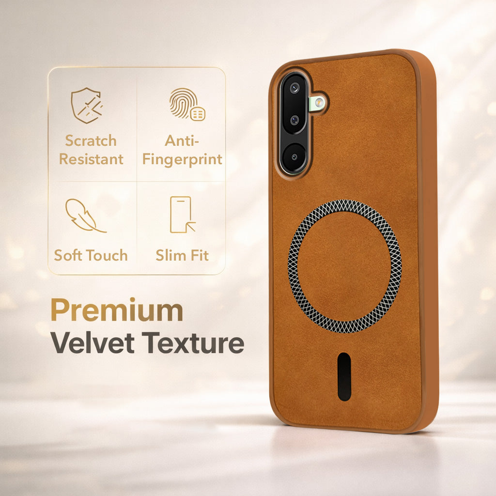For Samsung Galaxy M16 5G | Samsung Galaxy F16 5G Back Cover Case Leather Finish (MagSafe Compatible Wireless Charging | Soft Touch | Camera Bump Protection)