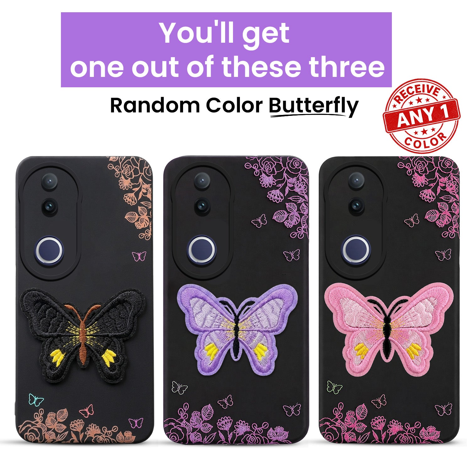 For Vivo T4R Back Cover Case (Soft Butterfly Embroidery | Women Teen Girls | Camera Protection| Matte Silicone)
