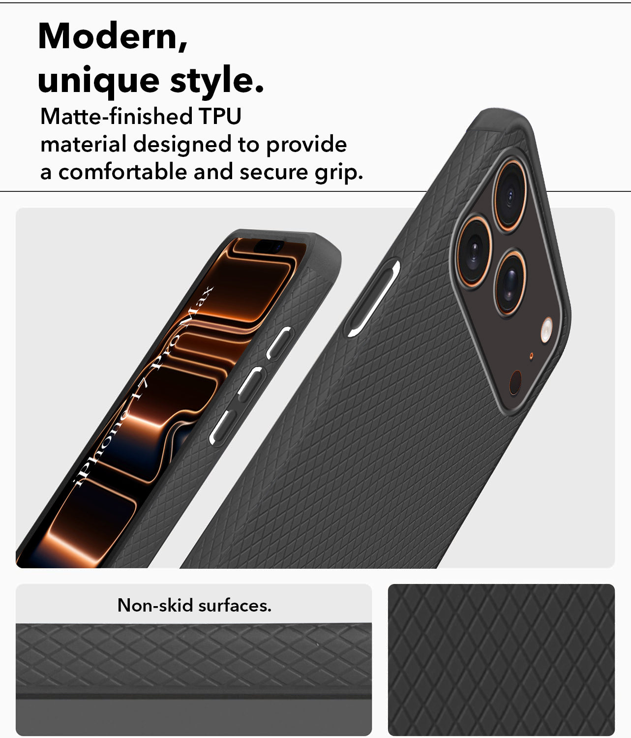 For Apple iPhone 17 Pro Max Back Cover Case (Camera Protection | Side Grip Texture | Soft and Flexible)