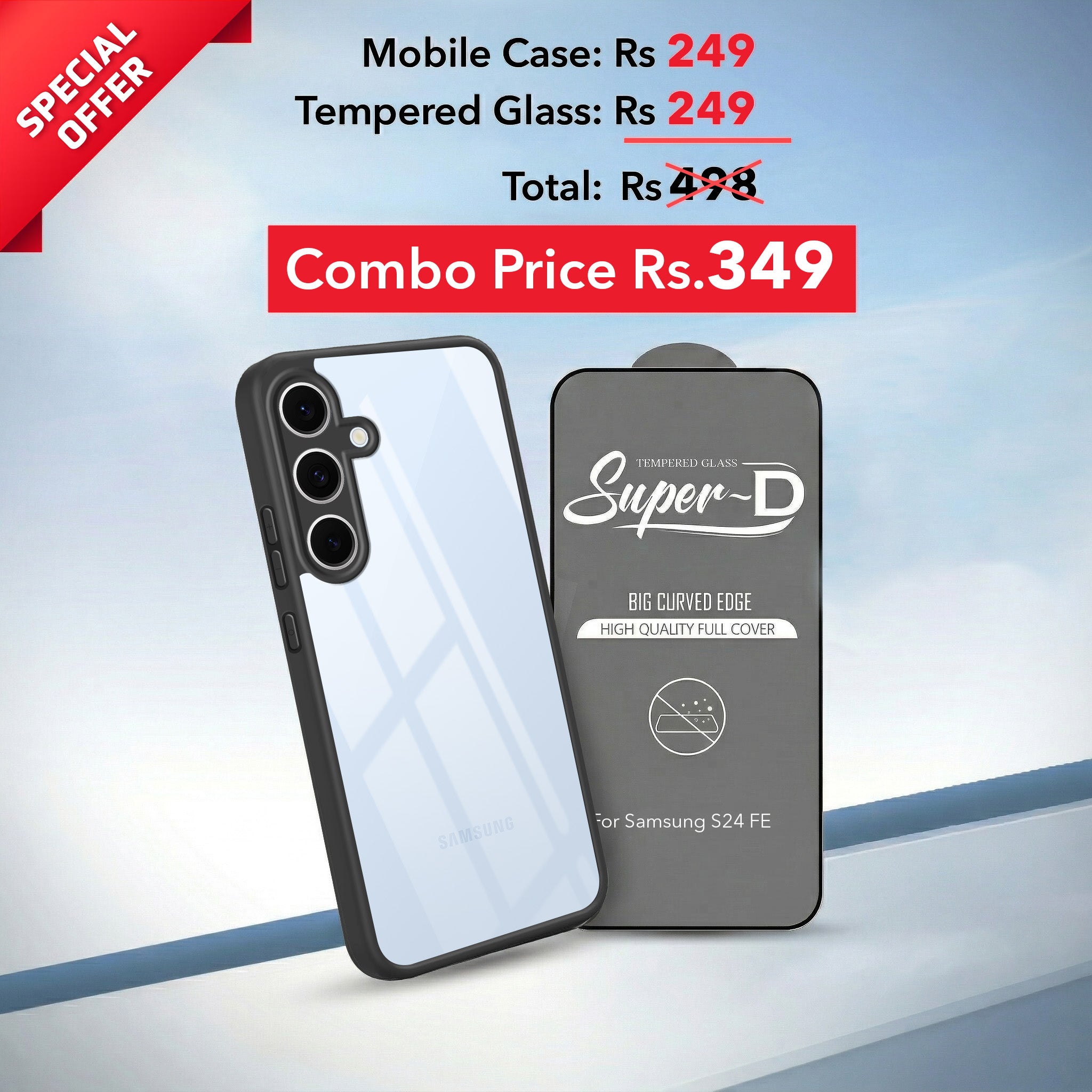 For Samsung Galaxy S24 FE Combo with Back Cover and 9H Tempered Glass (Lifetime Anti-Yellow | Crystal Clear Shockproof | Oleophobic Coating Screen Glass)