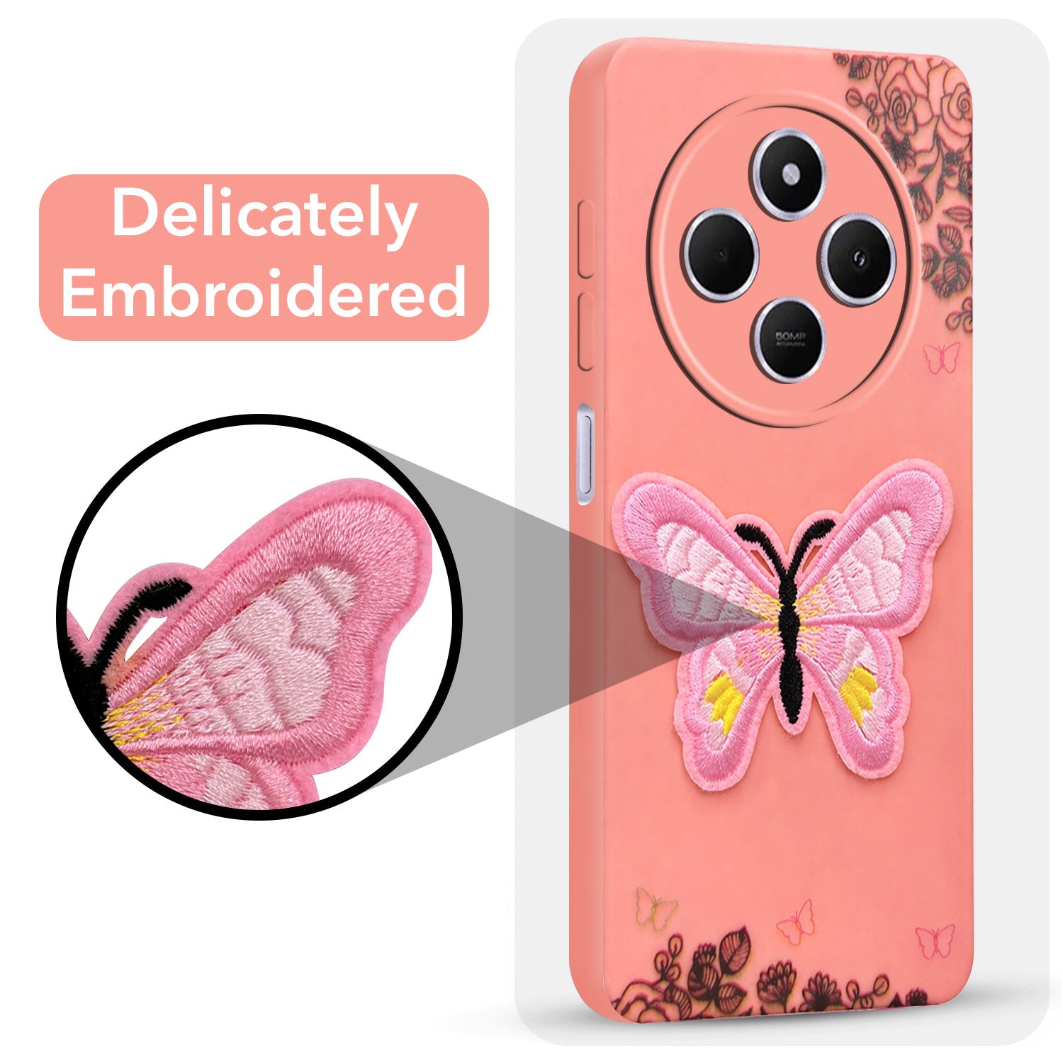 For Redmi A4 5G | Xiaomi Redmi 14C Back Cover Case (Soft Butterfly Embroidery | Women Teen Girls | Camera Protection| Matte Silicone)