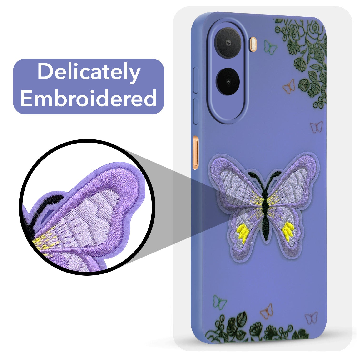 For Redmi A7 Pro 5G Back Cover Case (Soft Butterfly Embroidery | Women Teen Girls | Camera Protection| Matte Silicone)