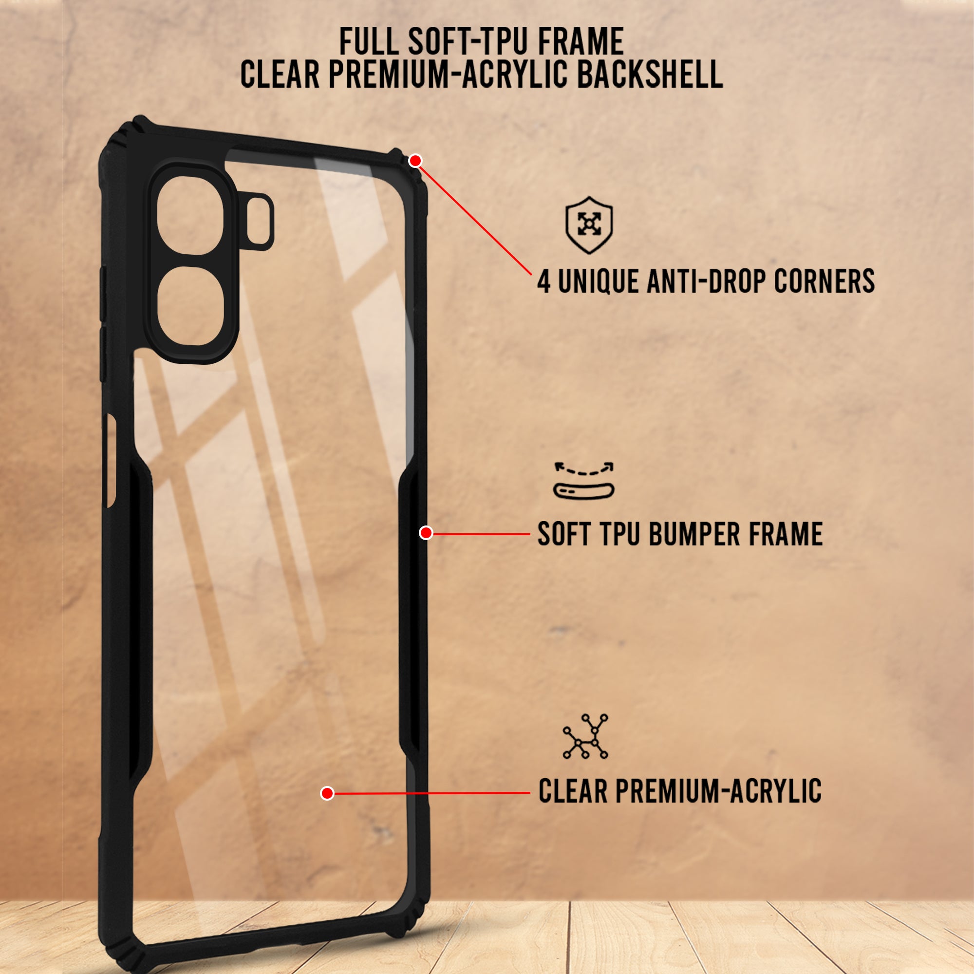 For Oppo A6X | Oppo A6S Back Cover Case Hybrid (Shockproof with Polycarbonate Clear Panel | Professional Black)