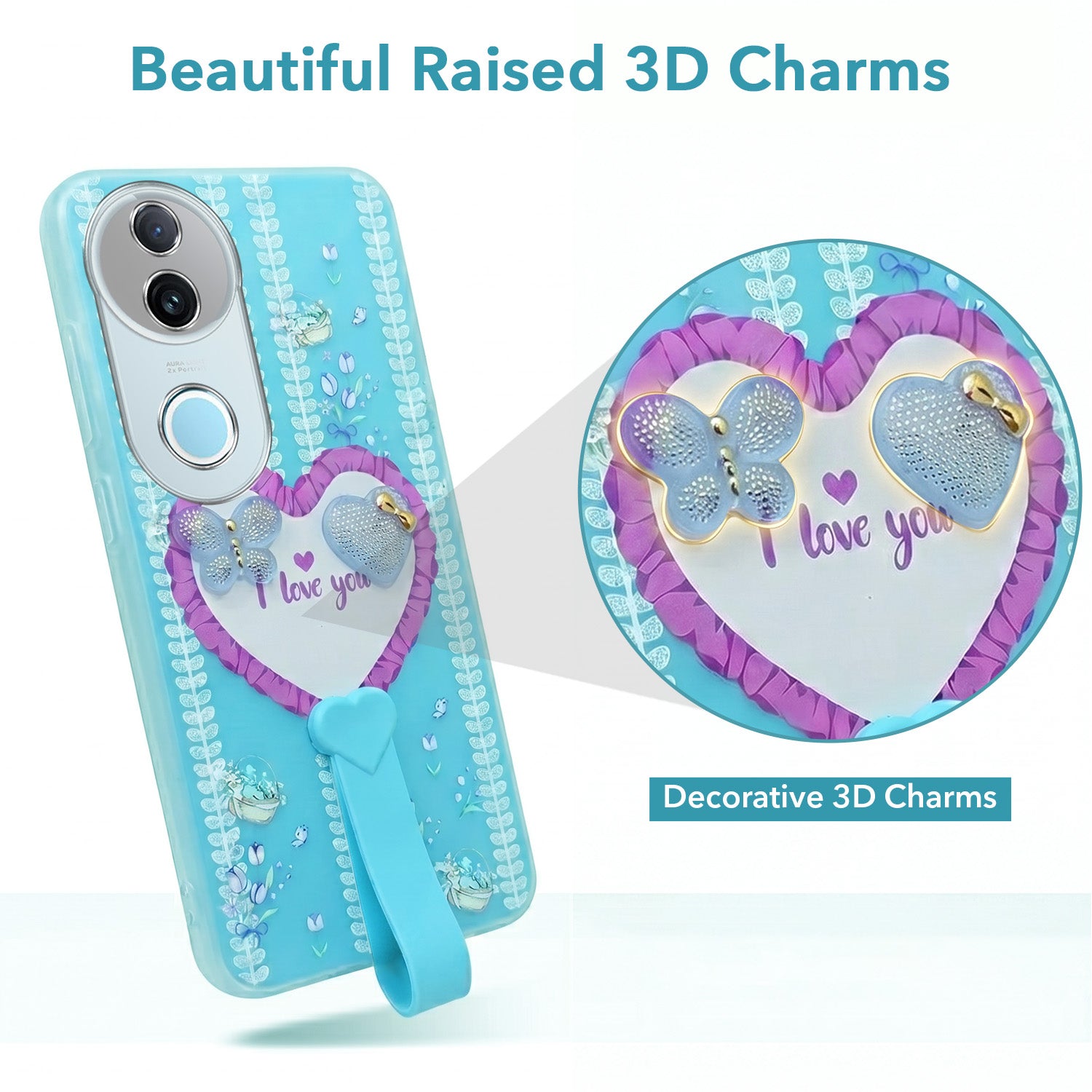 For Vivo iQOO Z10R Back Cover Case (3D Cute Heart Strap Holder | Camera Protection | Designer Girls Print)