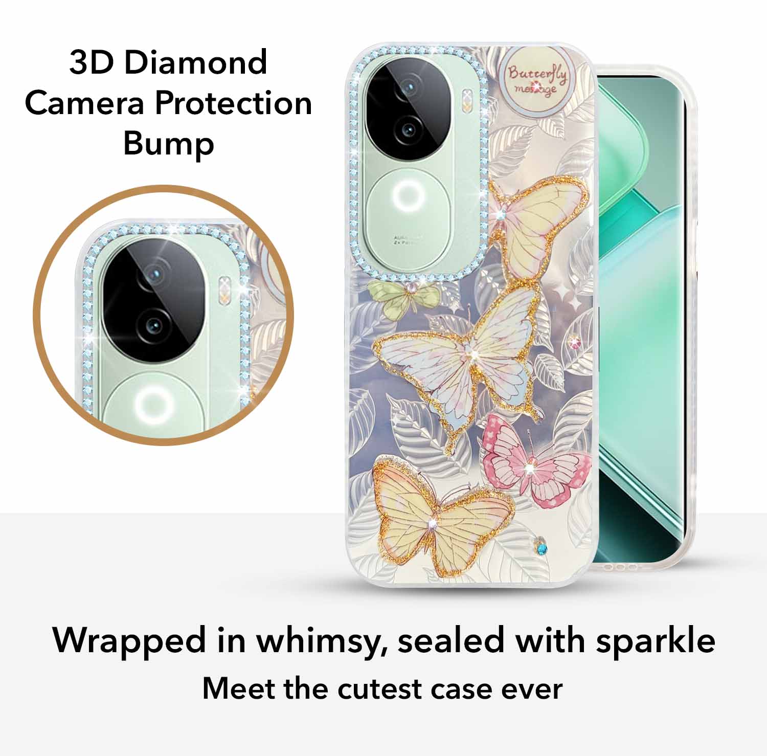 For Vivo iQOO Z9s  Back Cover Case (Luxury Floral Glitter Cute Butterfly | Diamond Studded Camera Bump | Girls & Women Design)