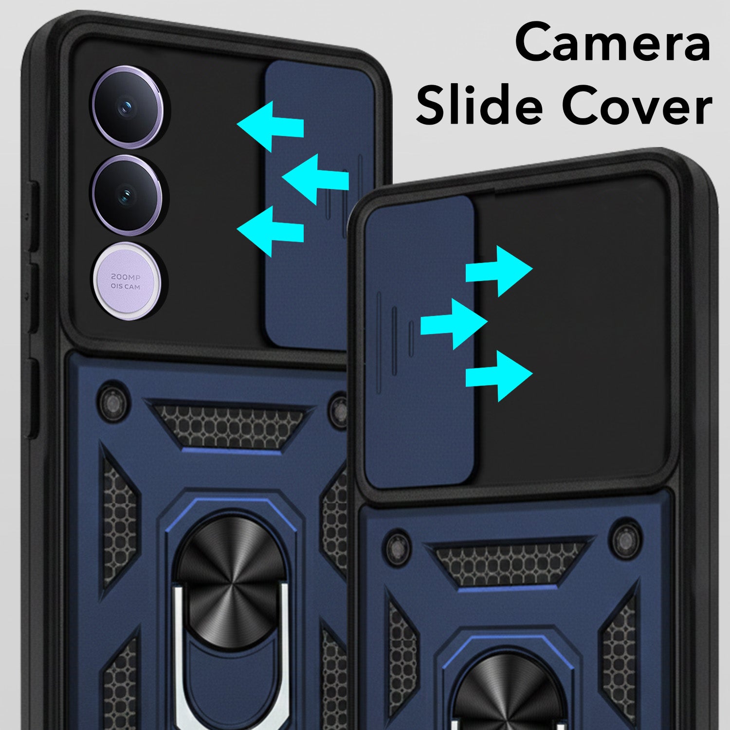 For Vivo V70 FE 5G Back Cover Case Hybrid Armor (Sliding Shutter Camera Protection | Polycarbonate |Ring Holder Kickstand)