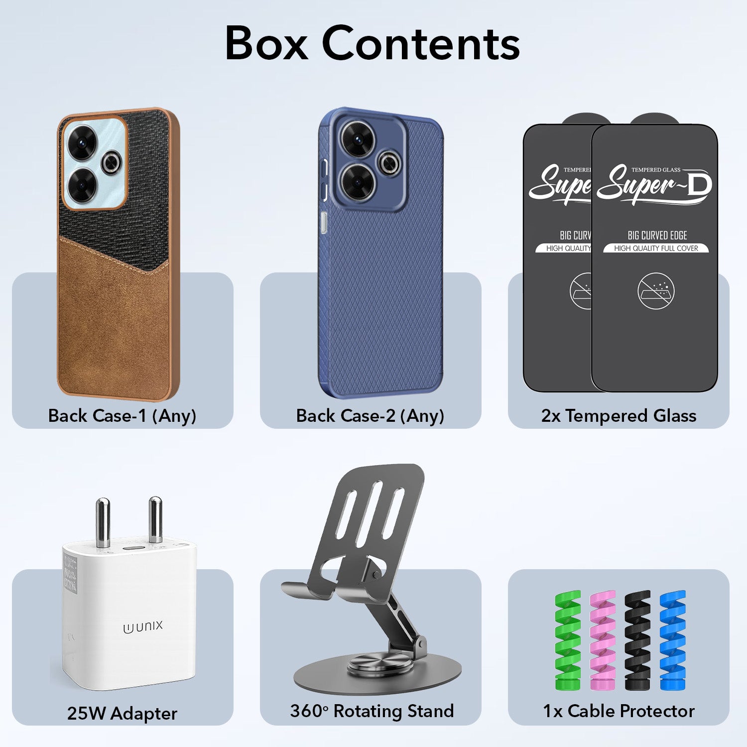 Complete Mobile Care Kit (Get Any 2 Cases+2 Tempered Glass+25W Charger Adapter+Metallic Mobile Stand+Cable Protector)