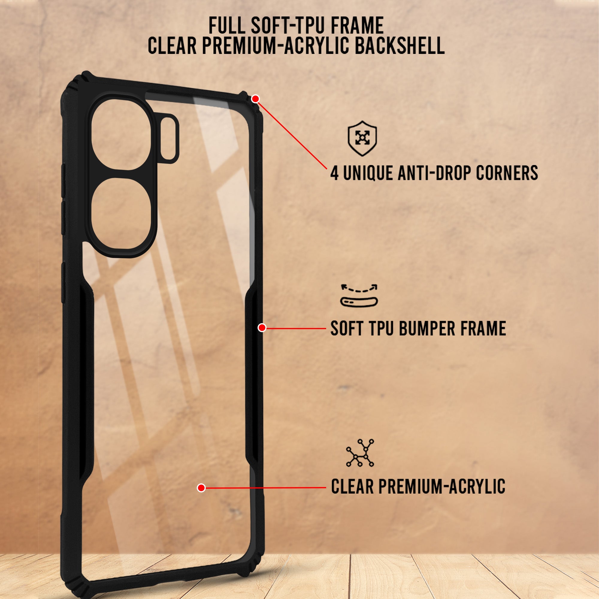 For Vivo iQOO Neo9 Pro Back Cover Case (Shockproof with Polycarbonate Clear Panel | Professional Black)