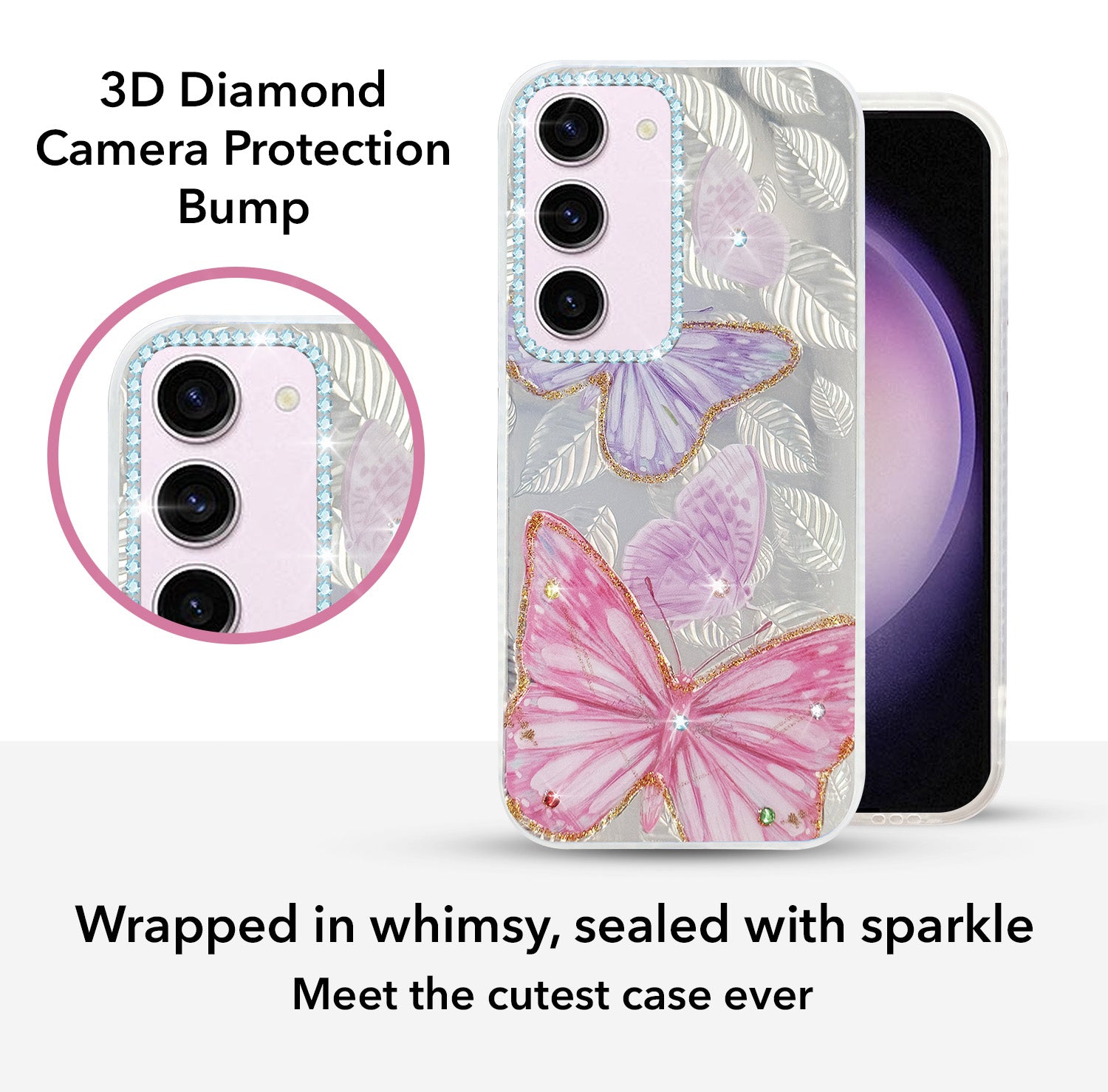 For Samsung Galaxy S23 5G Back Cover Case (Luxury Floral Glitter Cute Butterfly | Diamond Studded Camera Bump | Girls & Women Design)