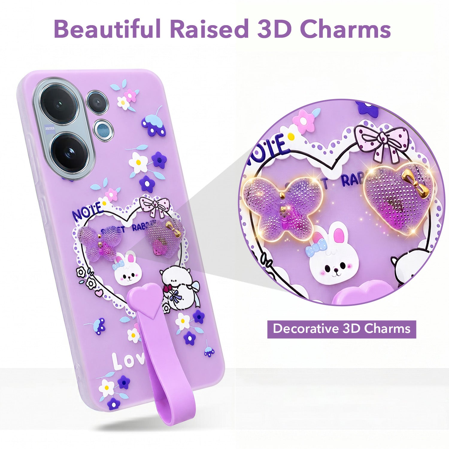 For Vivo V60 | Vivo T4 Pro Back Cover Case (3D Cute Heart Strap Holder | Camera Protection | Designer Girls Print)