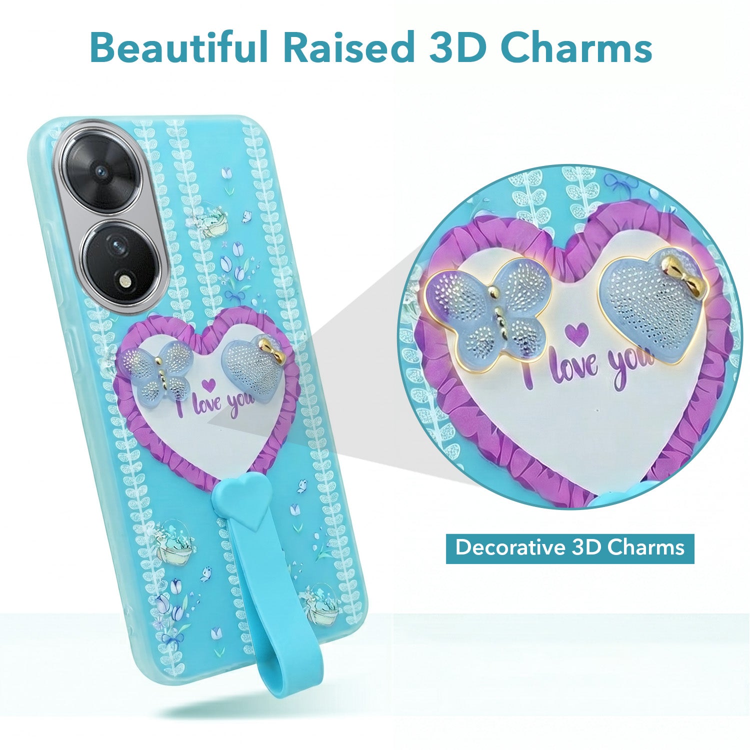 For Vivo T2 Back Cover Case (3D Cute Heart Strap Holder | Camera Protection | Designer Girls Print)