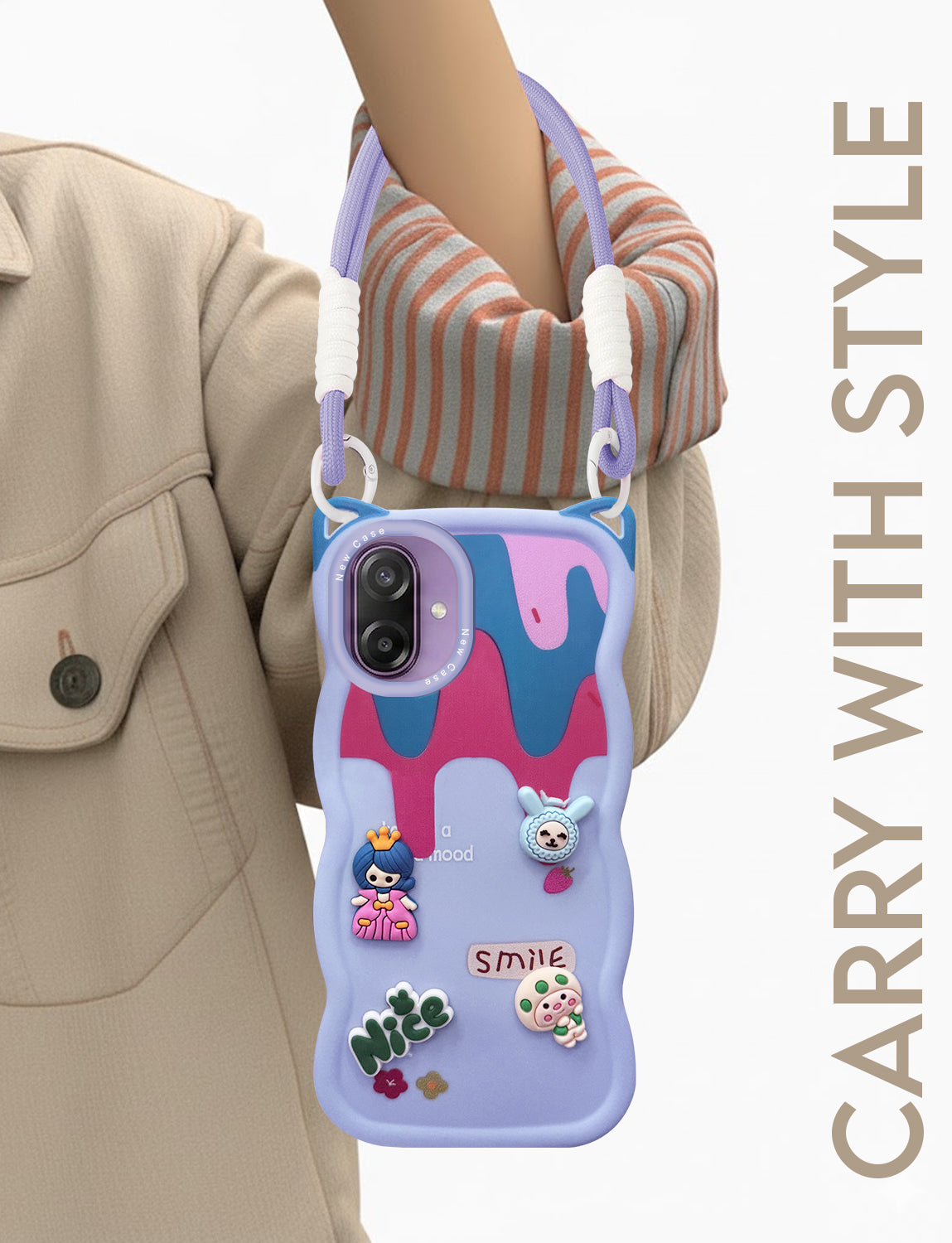 For Samsung Galaxy M17e Back Cover Case Strap (3D Embossed Figures | Strap Holder | 360* Soft Cushion with Camera Bump)
