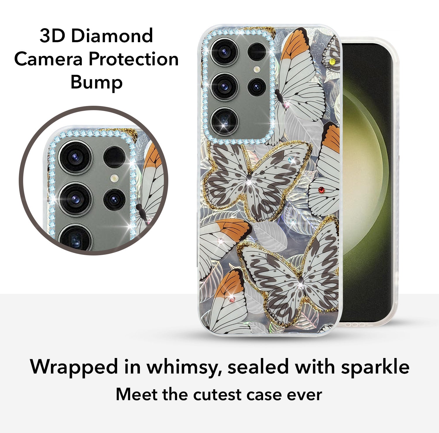 For Samsung Galaxy S23 Ultra Back Cover Case (Luxury Floral Glitter Cute Butterfly | Diamond Studded Camera Bump | Girls & Women Design)