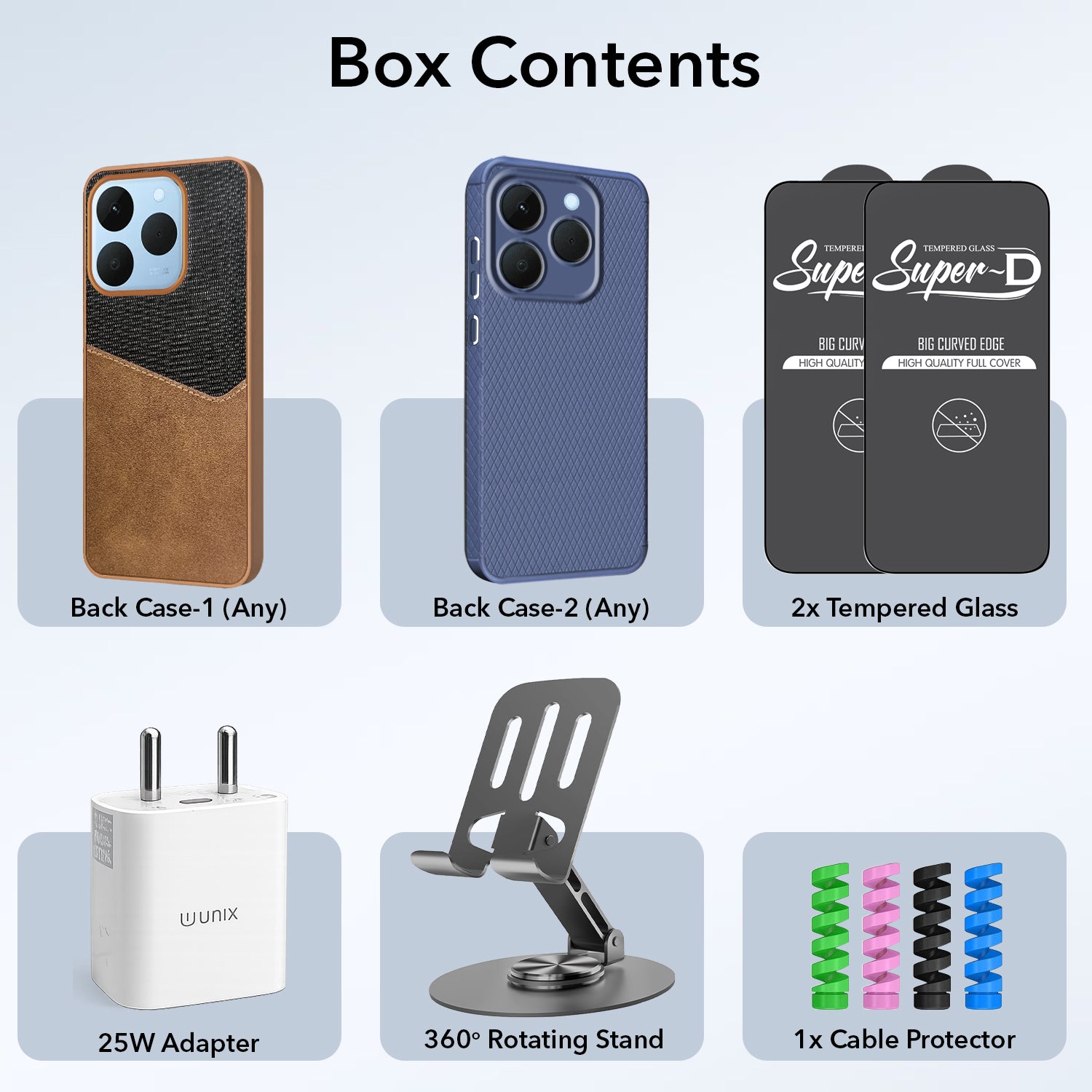 Complete Mobile Care Kit (Get Any 2 Cases+2 Tempered Glass+25W Charger Adapter+Metallic Mobile Stand+Cable Protector)