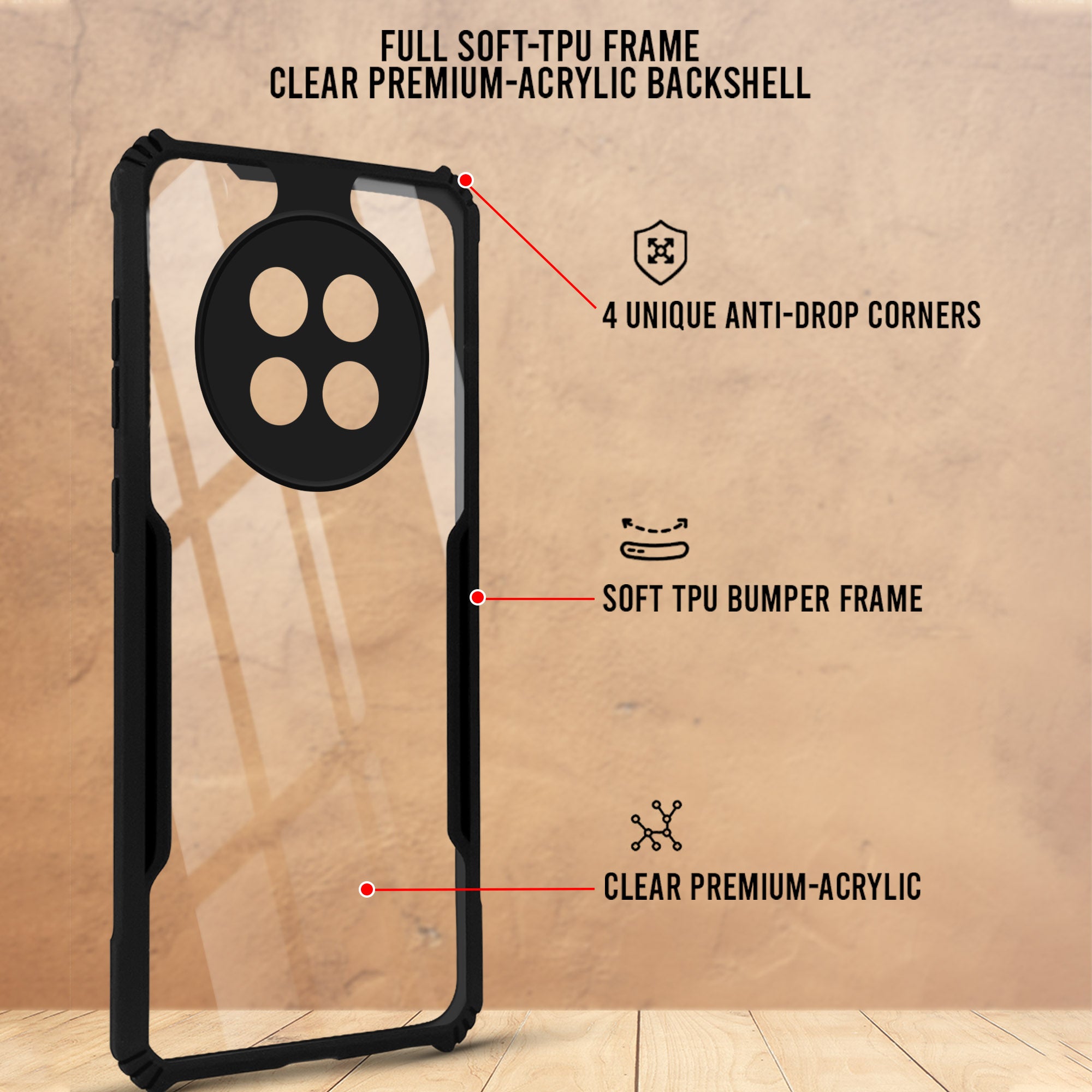 For Oppo F31 Pro Plus Back Cover Case Hybrid (Shockproof with Polycarbonate Clear Panel | Professional Black)