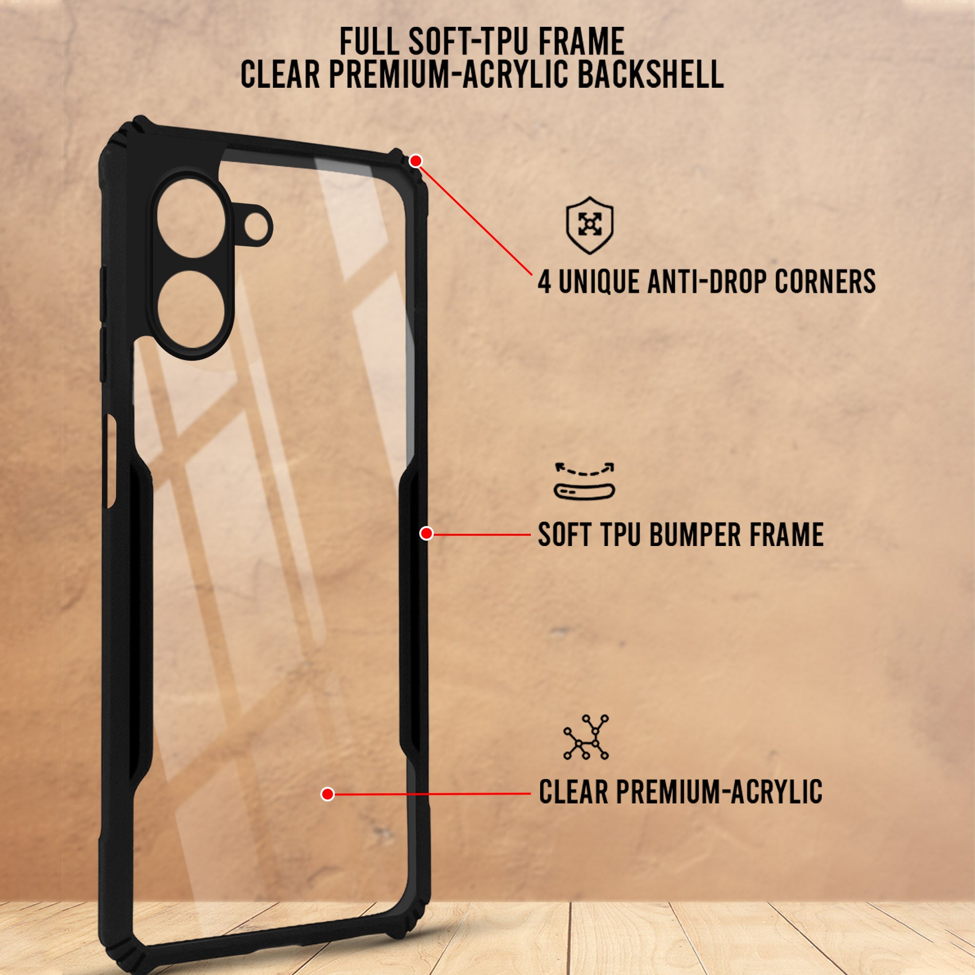 For Tecno Spark Go 3 Back Cover Case (Shockproof with Polycarbonate Clear Panel | Professional Black)