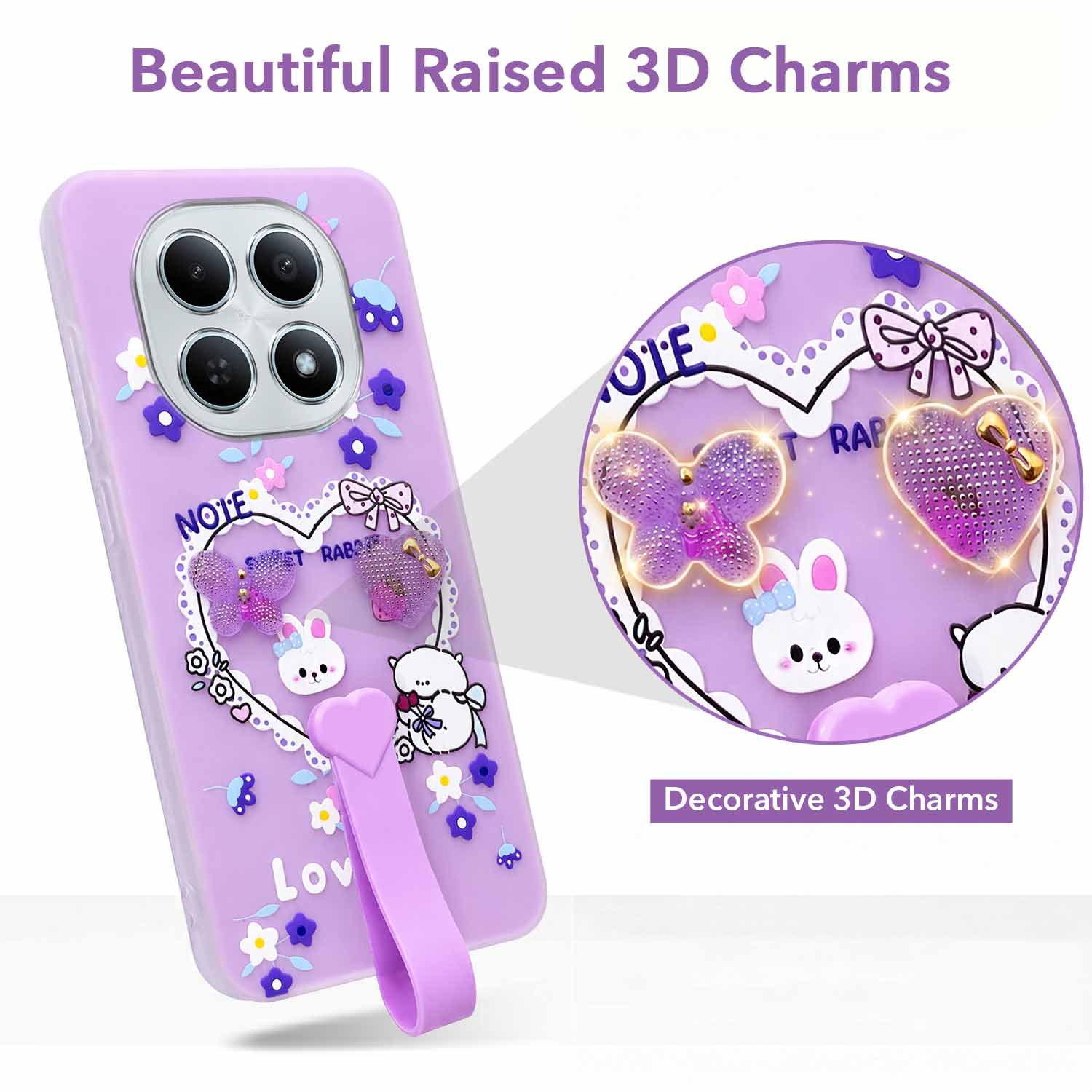 For Poco M8 5G Back Cover Case (3D Cute Heart Strap Holder | Camera Protection | Designer Girls Print)