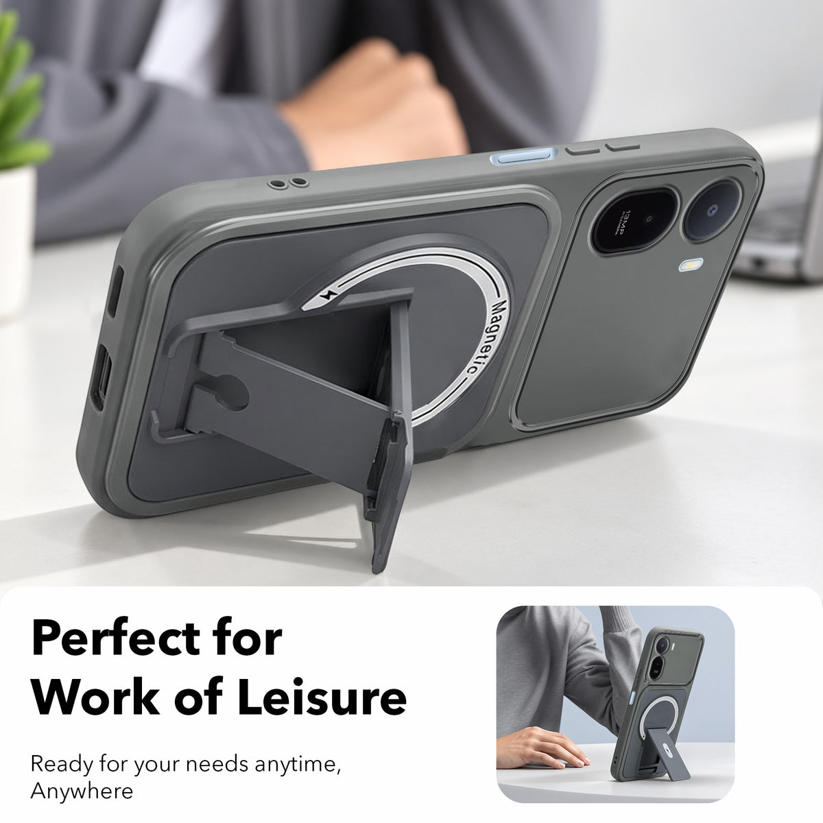 For Redmi A7 Pro 4G|5G Back Case Cover Metallic (Hybrid Armor Kickstand | MagSafe Compatible | Camera Protection Shockproof)