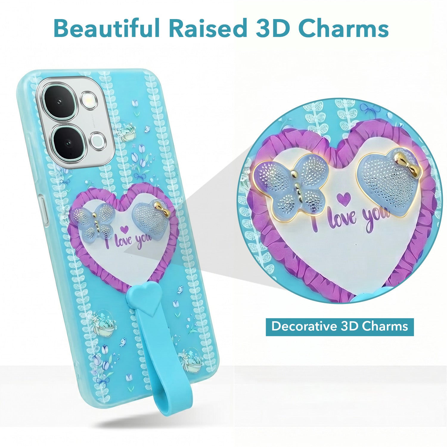For iQOO Z11x 5G Back Cover Case (3D Cute Heart Strap Holder | Camera Protection | Designer Girls Print)