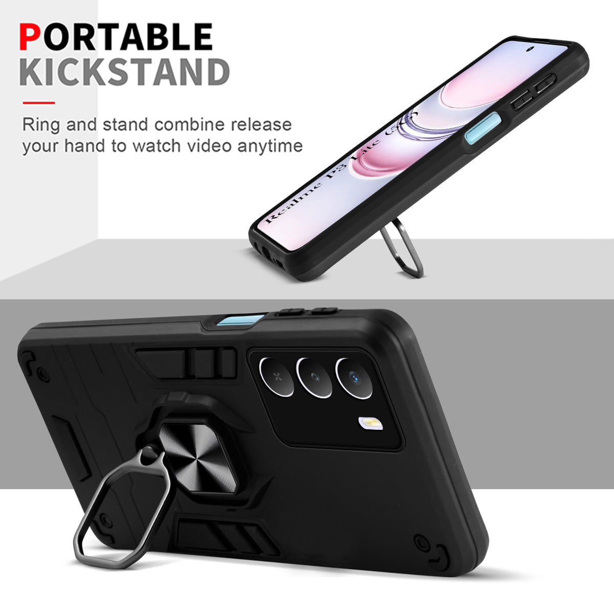 For Realme P3 Lite Hybrid Armor Back Cover Case (Shockproof Dual Layer Polycarbonate |Ring Holder Kickstand)