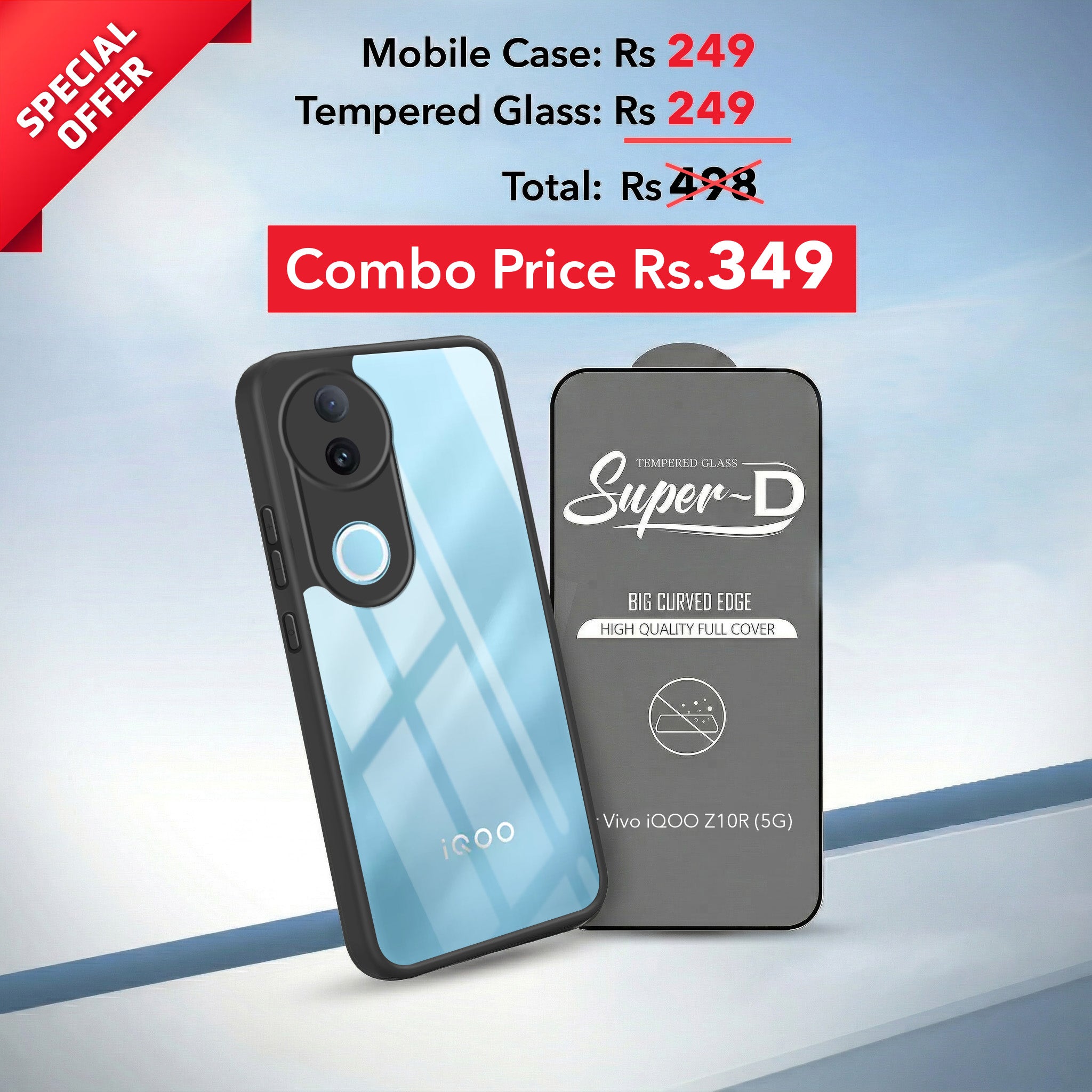 For Vivo iQOO Z10R Combo with Back Cover and 9H Tempered Glass (Lifetime Anti-Yellow | Crystal Clear Shockproof | Oleophobic Coating Screen Glass)