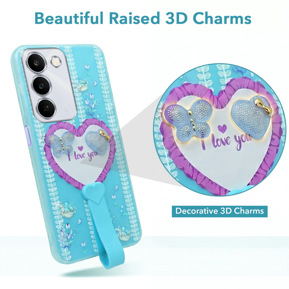 For Realme P4 Lite 5G | Narzo 100 Lite 5G Back Cover Case (3D Cute Heart Strap Holder | Camera Protection | Designer Girls Print)