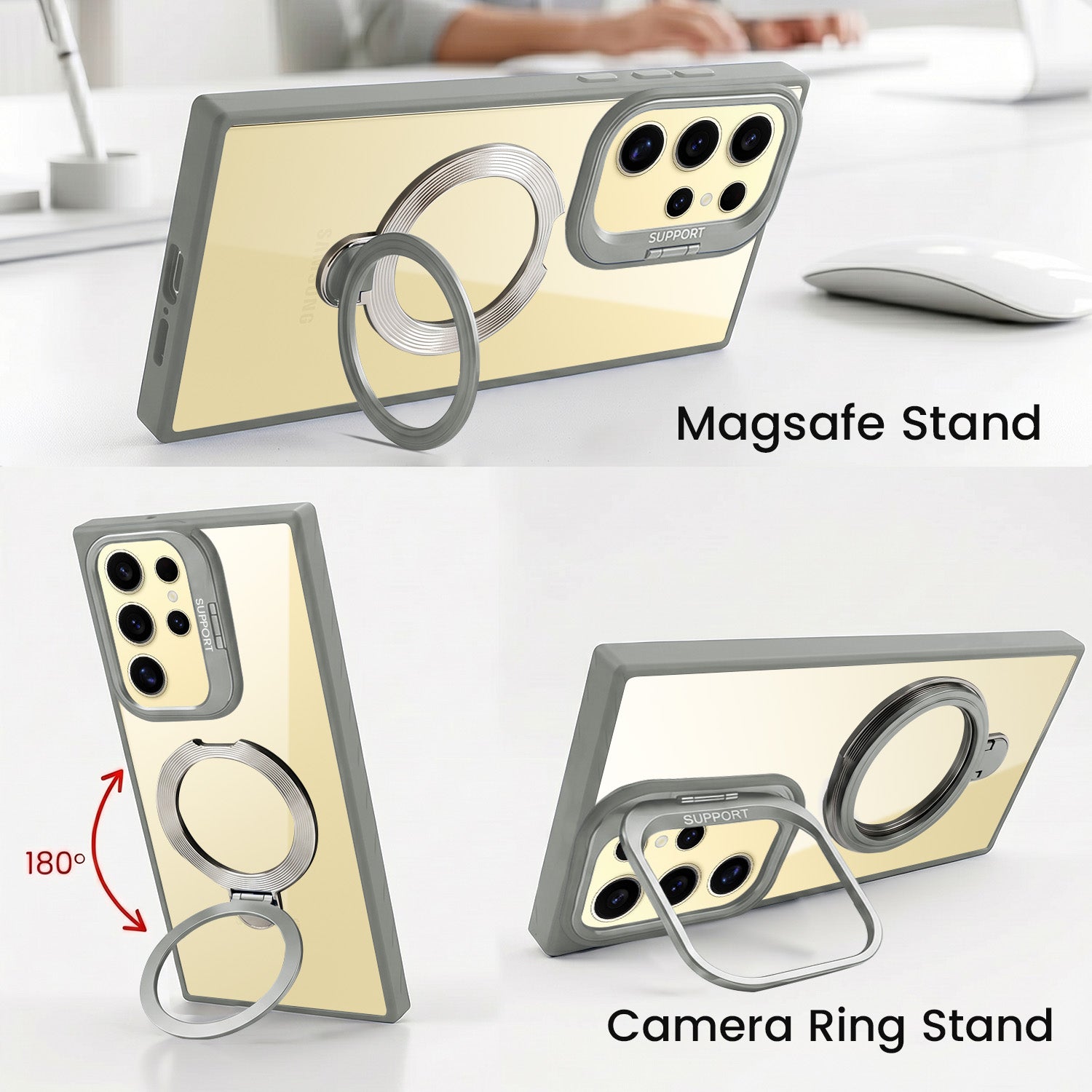 For Samsung Galaxy S24 Ultra Back Cover Case Crystal (Lifetime Anti Yellow | Magnetic Ring Stand | Camera Lens Protection | MagSafe Compatible)