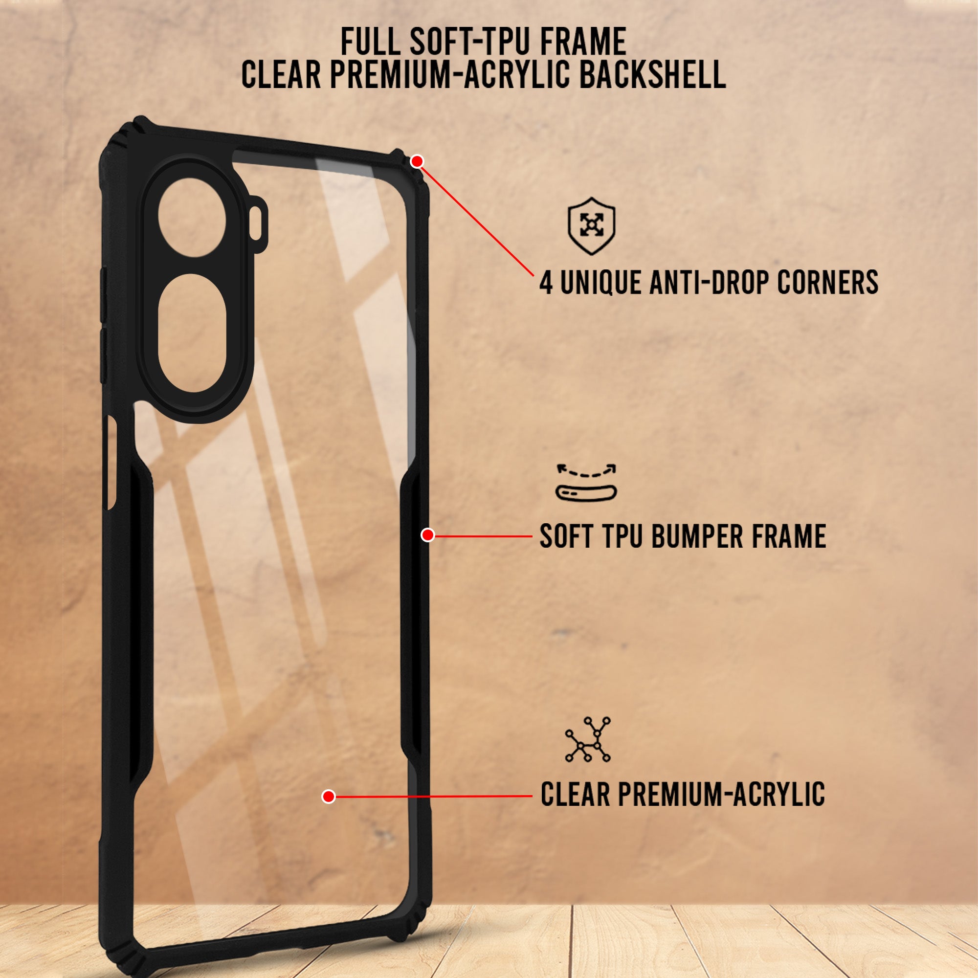 For Poco C81 5G Back Cover Case Hybrid (Shockproof with Polycarbonate Clear Panel | Professional Black) (Copy)
