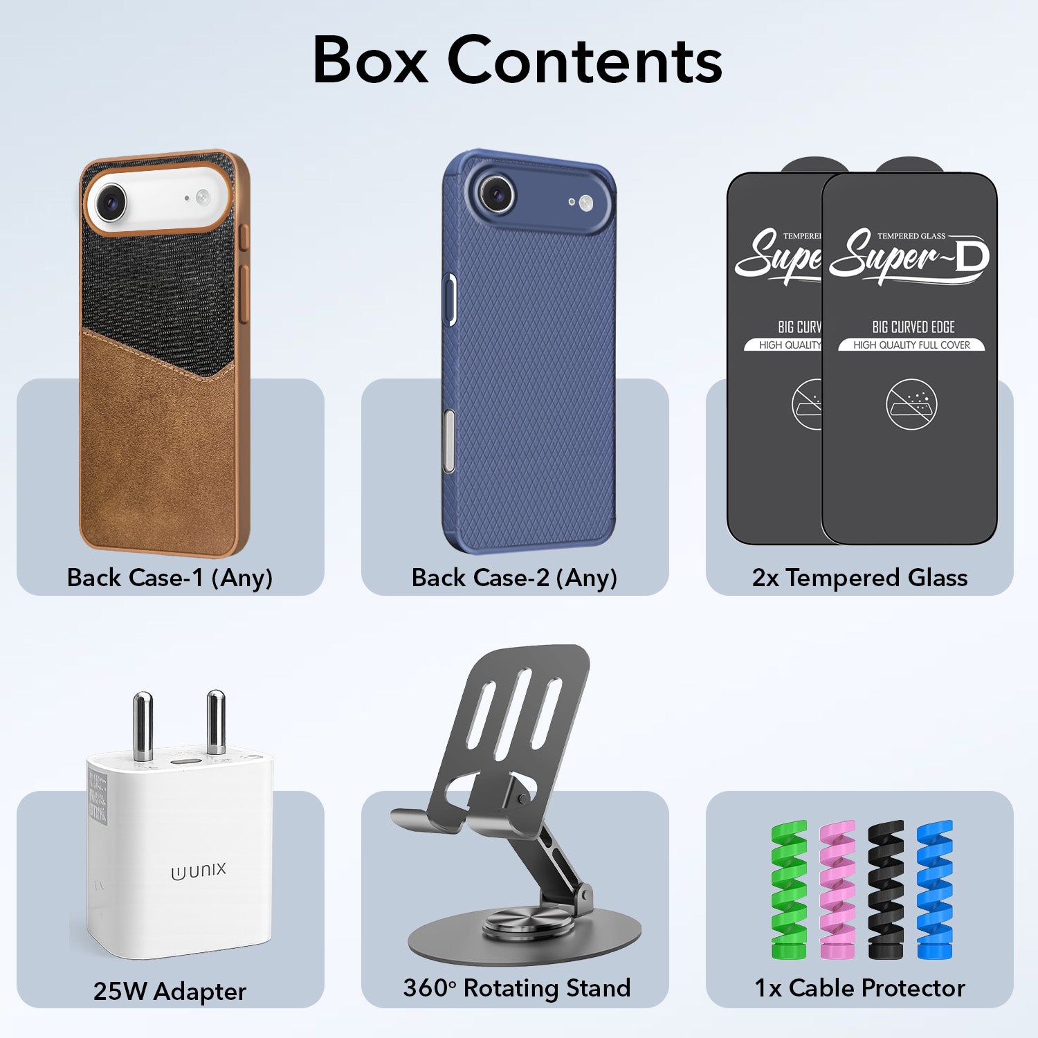 Complete Mobile Care Kit (Get Any 2 Cases+2 Tempered Glass+25W Charger Adapter+Metallic Mobile Stand+Cable Protector)