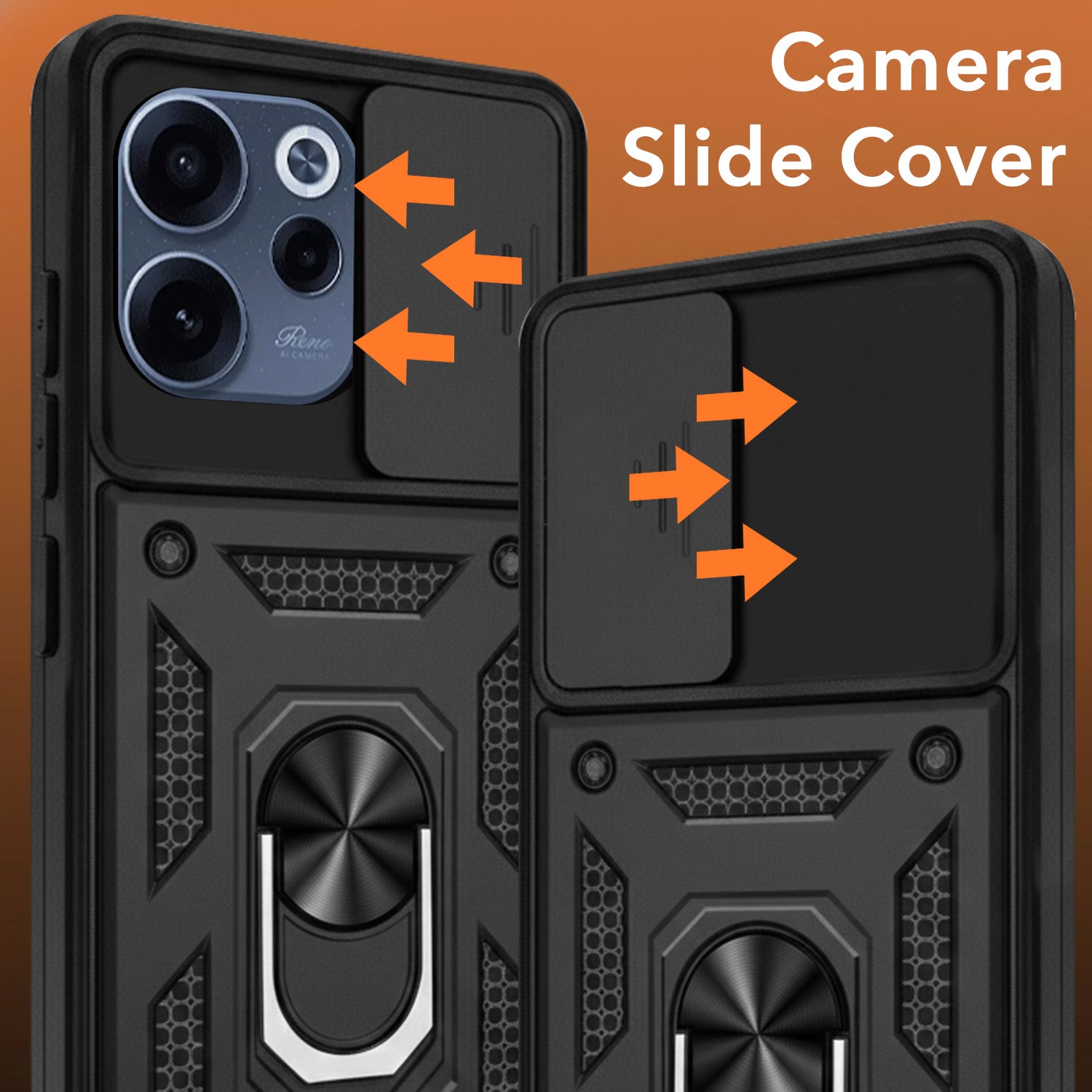 For Oppo Reno 15c Back Cover Case Hybrid Armor (Sliding Shutter Camera Protection | Polycarbonate |Ring Holder Kickstand)