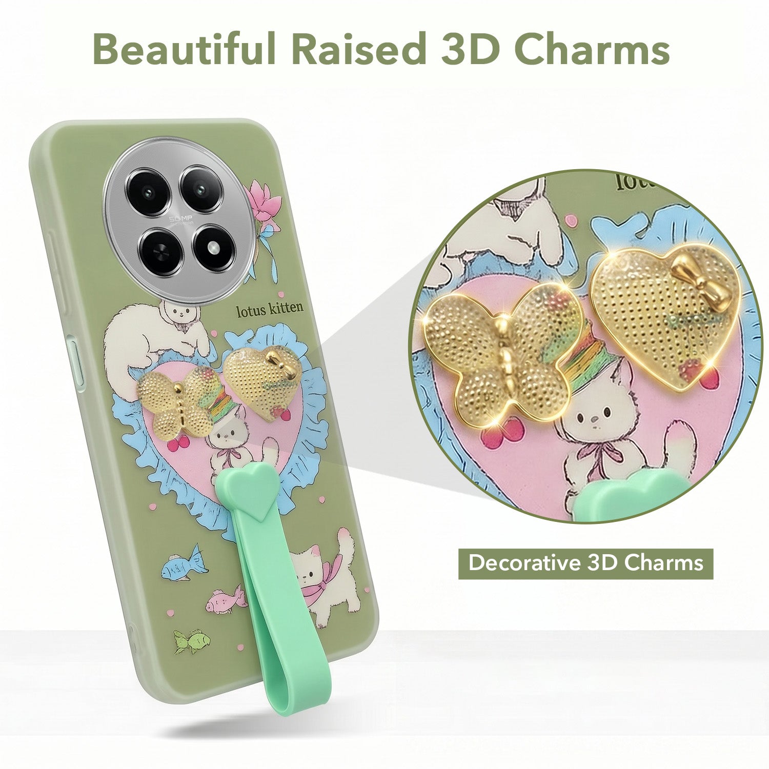 For Realme 12 | Realme 12X Back Cover Case (3D Cute Heart Strap Holder | Camera Protection | Designer Girls Print)