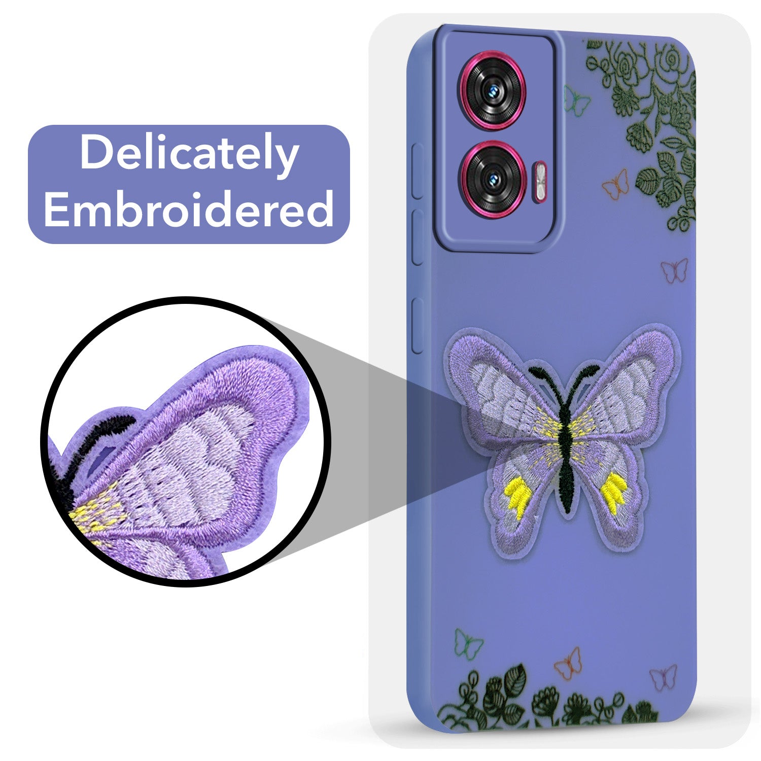 For Motorola Moto Edge 50 Fusion Back Cover Case (Soft Butterfly Embroidery | Women Teen Girls | Camera Protection| Matte Silicone)